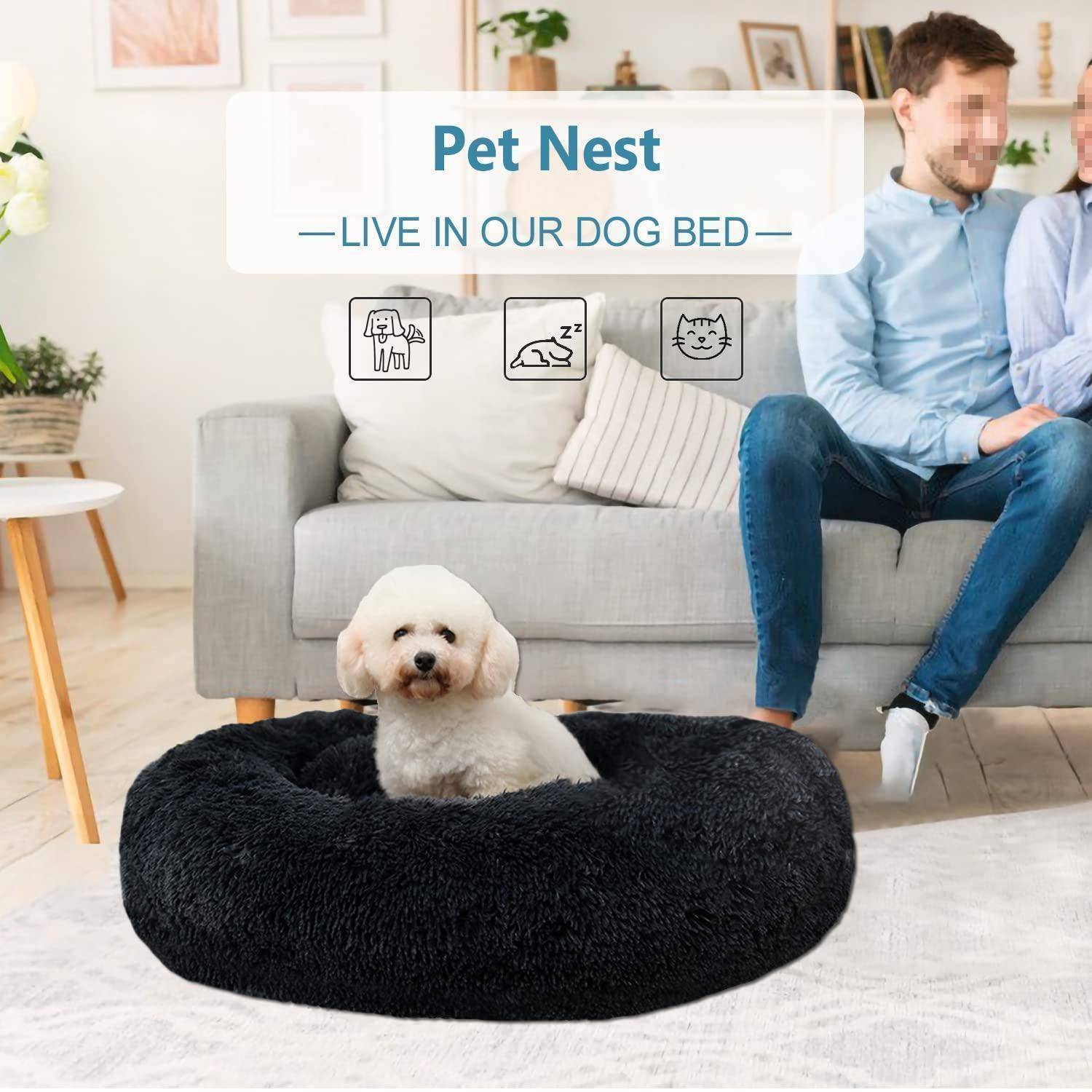 Werbebild eines kleinen weißen Hundes in einem schwarzen runden Hundebett, mit einem Mann, der auf einem Sofa sitzt, und Text, der oben "Pet Nest"" und ""LIVE IN OUR DOG BED"" liest.