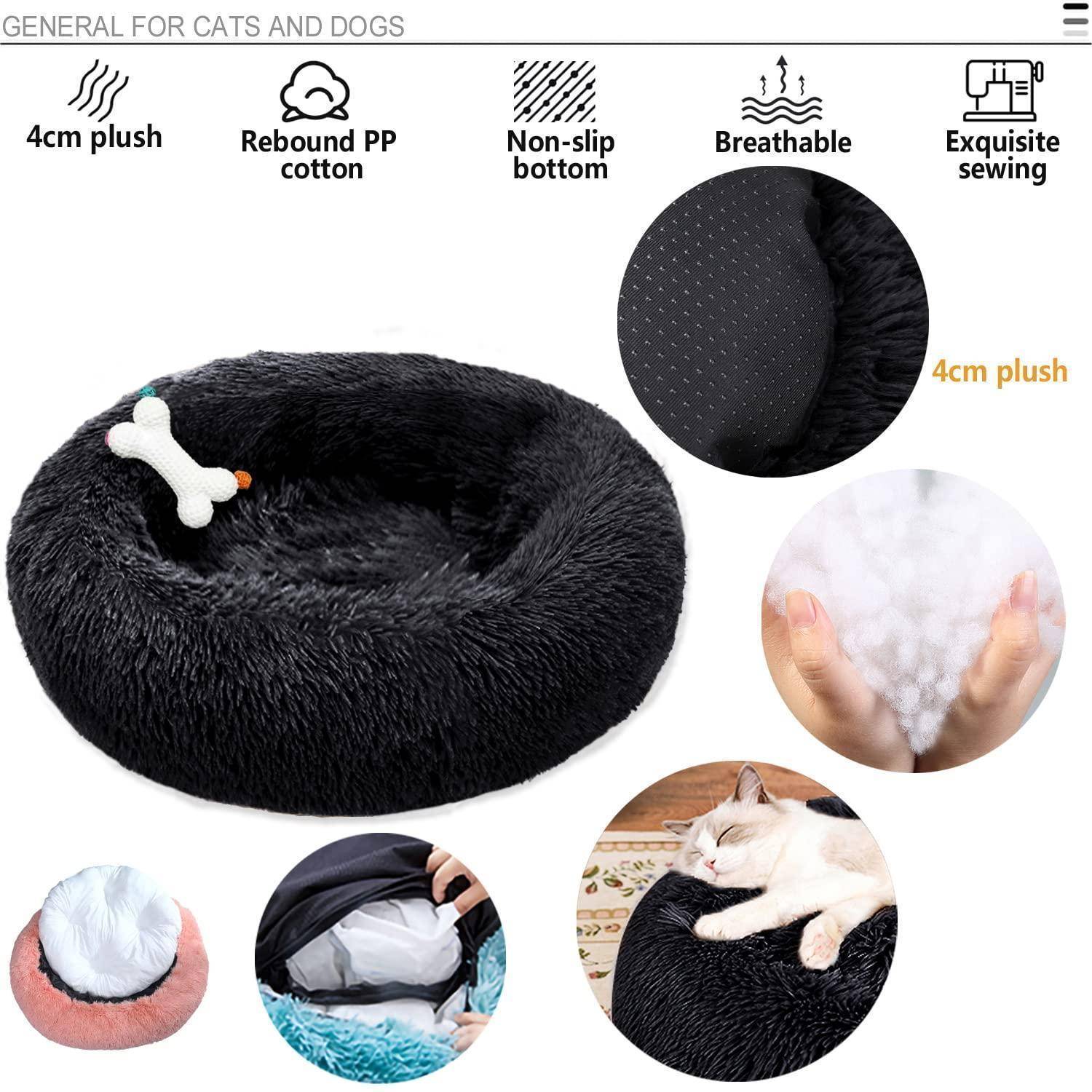 Schwarzes rundes Plüsch-Haustierbett für Katzen und Hunde, gekennzeichnet mit 4cm Plüsch, elastische PP-Baumwolle, rutschfester Boden, atmungsaktiv und feines Nähen, mit detaillierten Nahaufnahmen und einer Katze, die darin ruht.