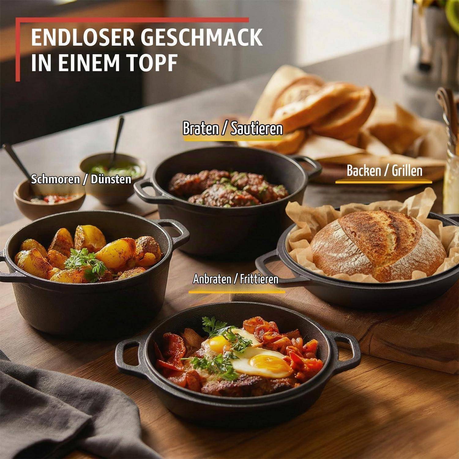Kochgeschirr-Anzeige mit schwarzen Töpfen und Pfannen und verschiedenen Gerichten, die "endlosen Geschmack in einem Topf"" für Schmoren, Sautieren, Backen, Grillen und Braten bewirbt.