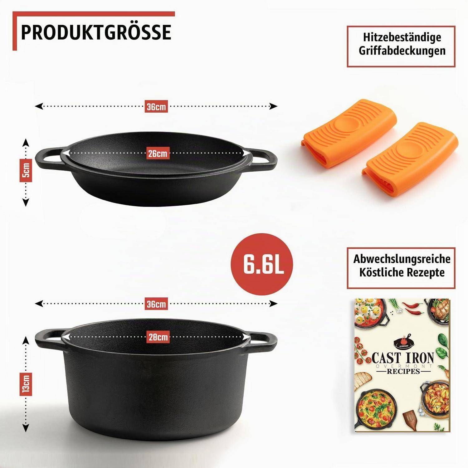 Größendiagramm des Produkts für einen gusseisernen Topf: 36 cm breit und 15 cm hoch, mit 26 cm/28 cm Öffnungen; umfasst wärmefeste Griffschutzüberzüge und ein Rezeptbüchlein.