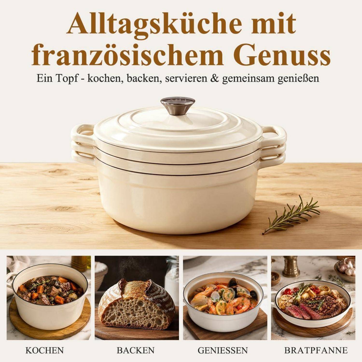 AHJ Gusseisen Topfset 4-teilig emailliert Weiß Induktion 25cm