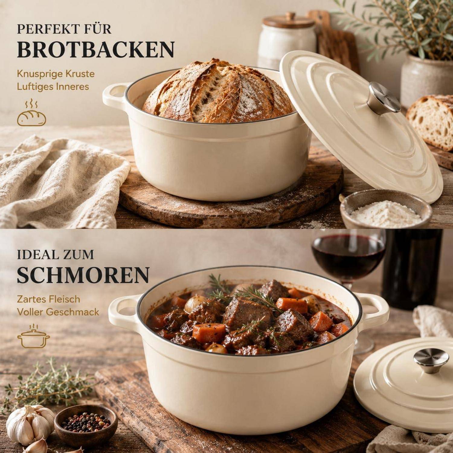 Zweiteiliges Kochgeschirr-Angebot mit einer cremefarbenen Gusseisernen Bräter. Oben: Text „PERFEKT FÜR BROTBACKEN" mit Brotbacken; unten: „IDEAL ZUM SCHMOREN"" mit köchelndem Rinderschmorbraten.
