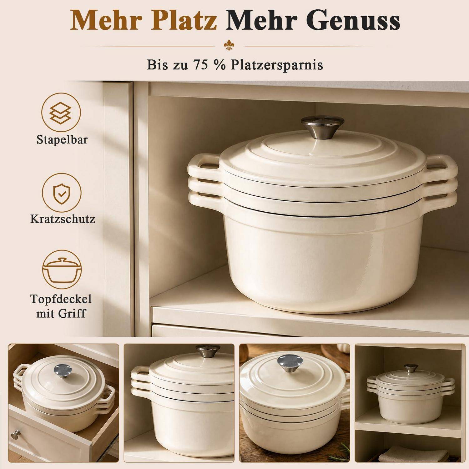 AHJ Gusseisen Topfset 4-teilig emailliert Weiß Induktion 25cm