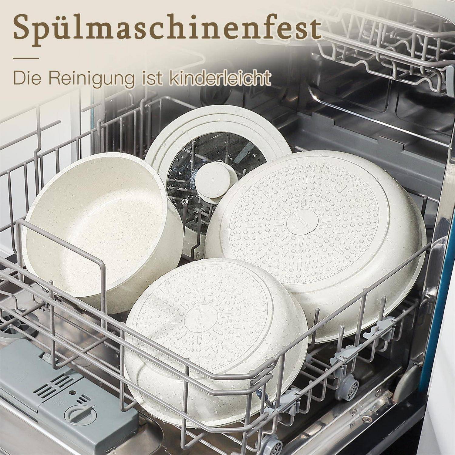Spülmaschine gefüllt mit gestapelten weißen Schüsseln und Tellern; deutscher Text lautet „Spülmaschinenfest" und „Die Reinigung ist kinderleicht"", was darauf hindeutet, dass die Gegenstände spülmaschinenfest sind und leicht zu reinigen.