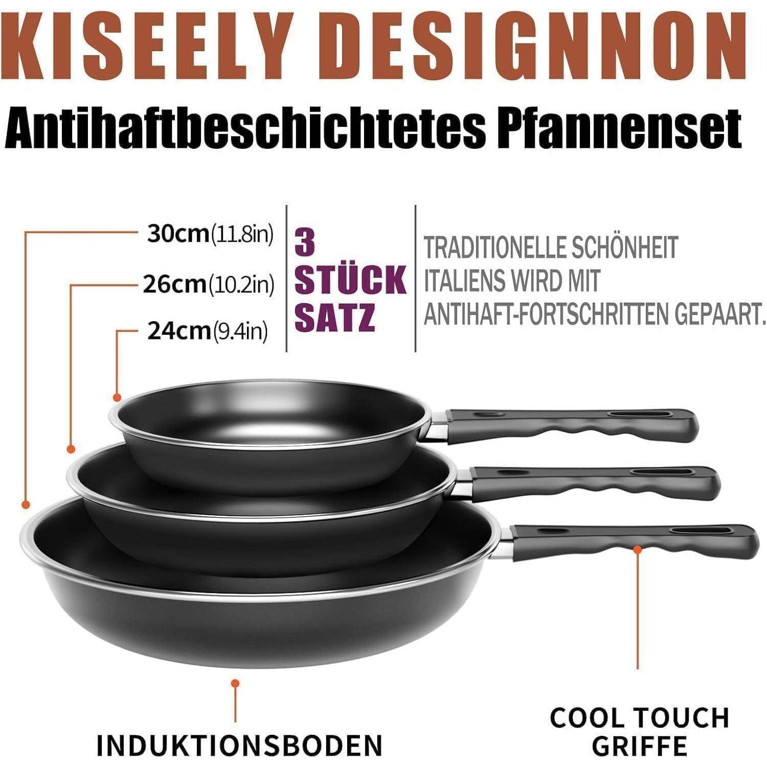 Werbe-Grafik eines 3-teiligen Antihaft-Kochgeschirrsets mit Größen von 30 cm, 26 cm und 24 cm, mit wärmeisolierten Griffen und Induktionsboden.