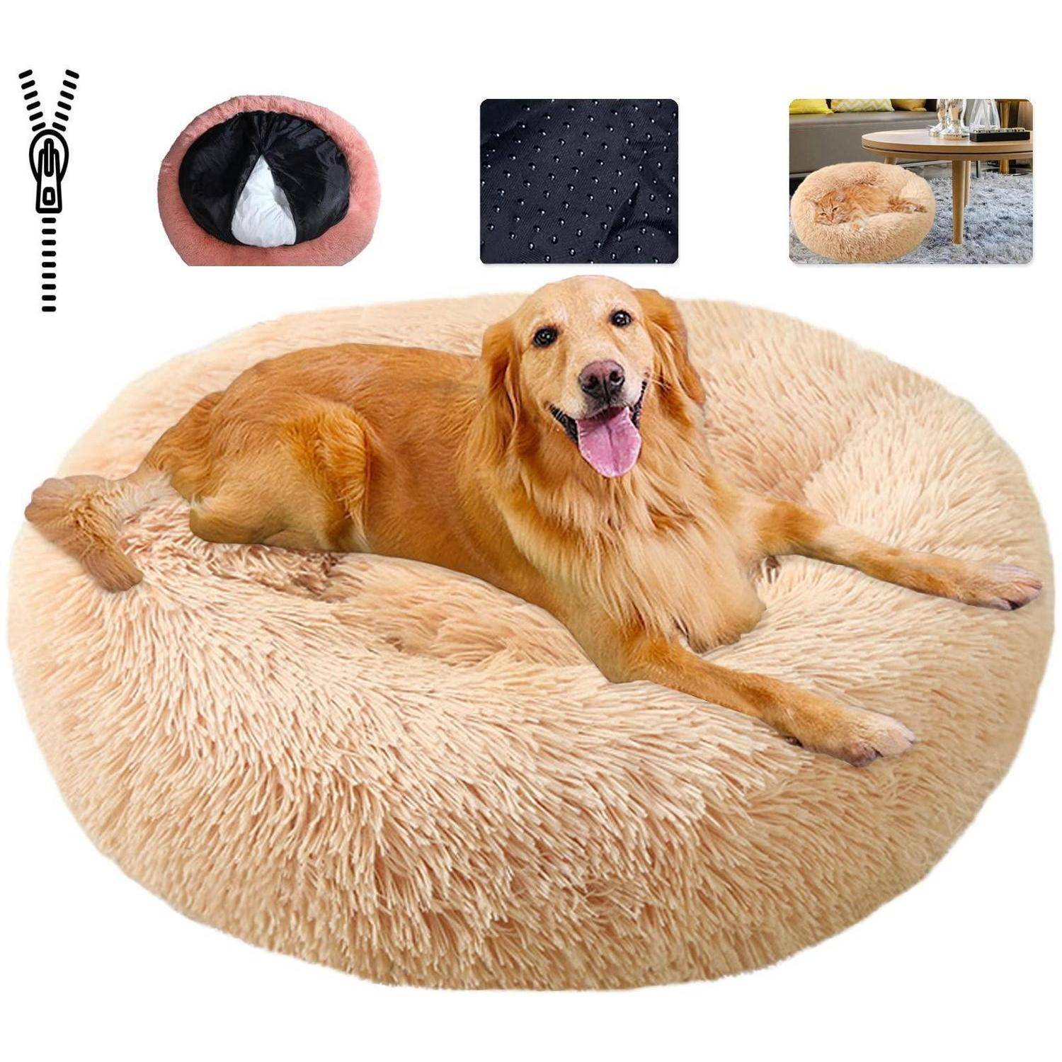 Goldenretriever liegt auf einem großen, flauschigen beige Hundebett, mit kleinen Detailaufnahmen, die den Reißverschluss, die Füllung, die Stofftextur und das Bett in Gebrauch durch ein Haustier zeigen.