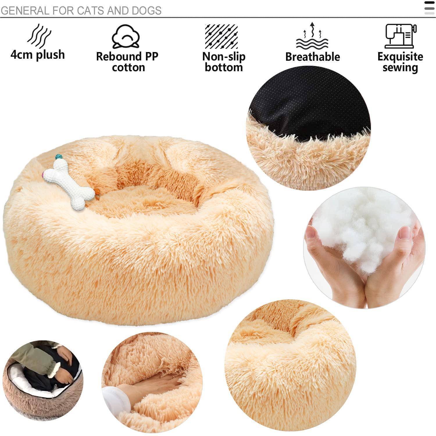 Werbebild eines flauschigen beigefarbenen Haustierbettes für Katzen und Hunde, gekennzeichnet mit 4 cm Plüsch, elastischer PP-Baumwolle, rutschfestem Boden, atmungsaktiv und exquisiter Naht, mit Nahaufnahmen der Besonderheiten.