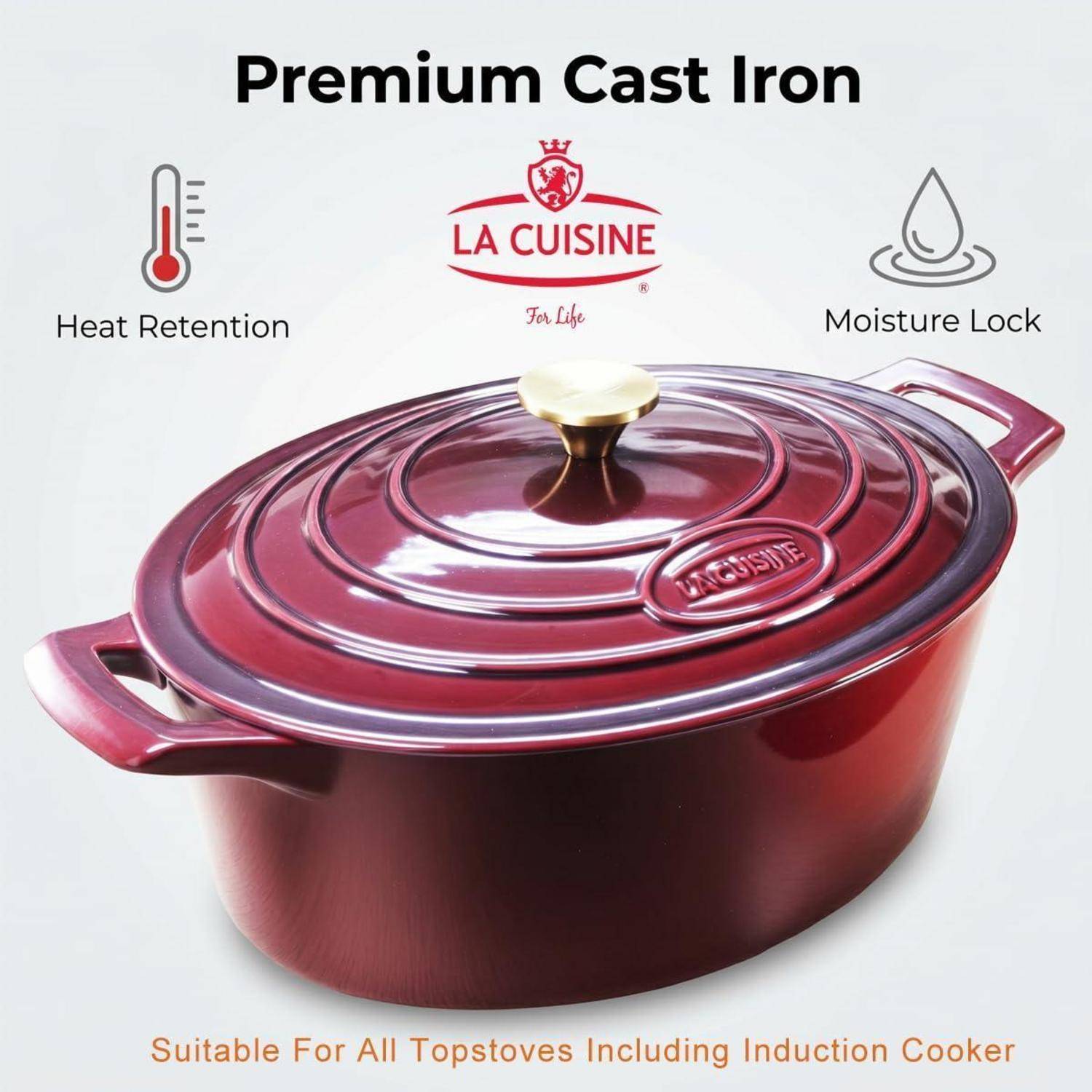 Premium-Gusseisen La Cuisine Bräter mit Deckel und Griffen, gekennzeichnet mit Wärmespeicherung und Feuchtigkeitsverschluss; geeignet für alle Kochfelder einschließlich Induktionskochfeld.