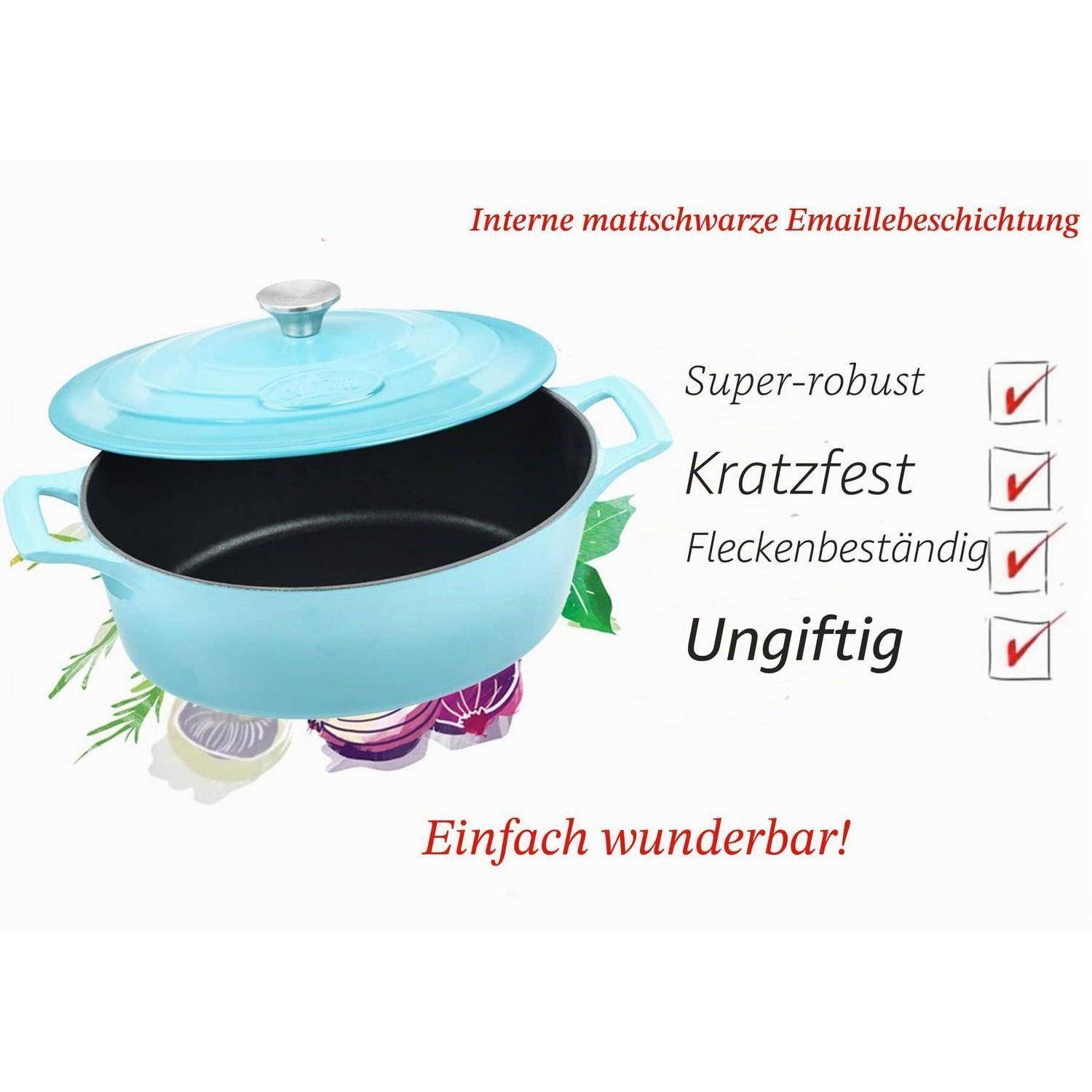 Hellblauer Topf mit Deckel und dunklem Emailleinneren, gekennzeichnet als super-robust, kratzer- und fleckenresistent sowie ungiftig; 'Einfach wunderbar!
