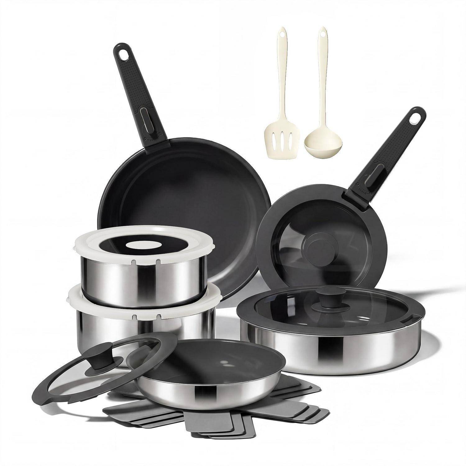 Küchen-Kochgeschirr-Set mit Edelstahlkesseln, Pfannen, Glaskabeln und Serviergefäßen auf weißem Hintergrund.