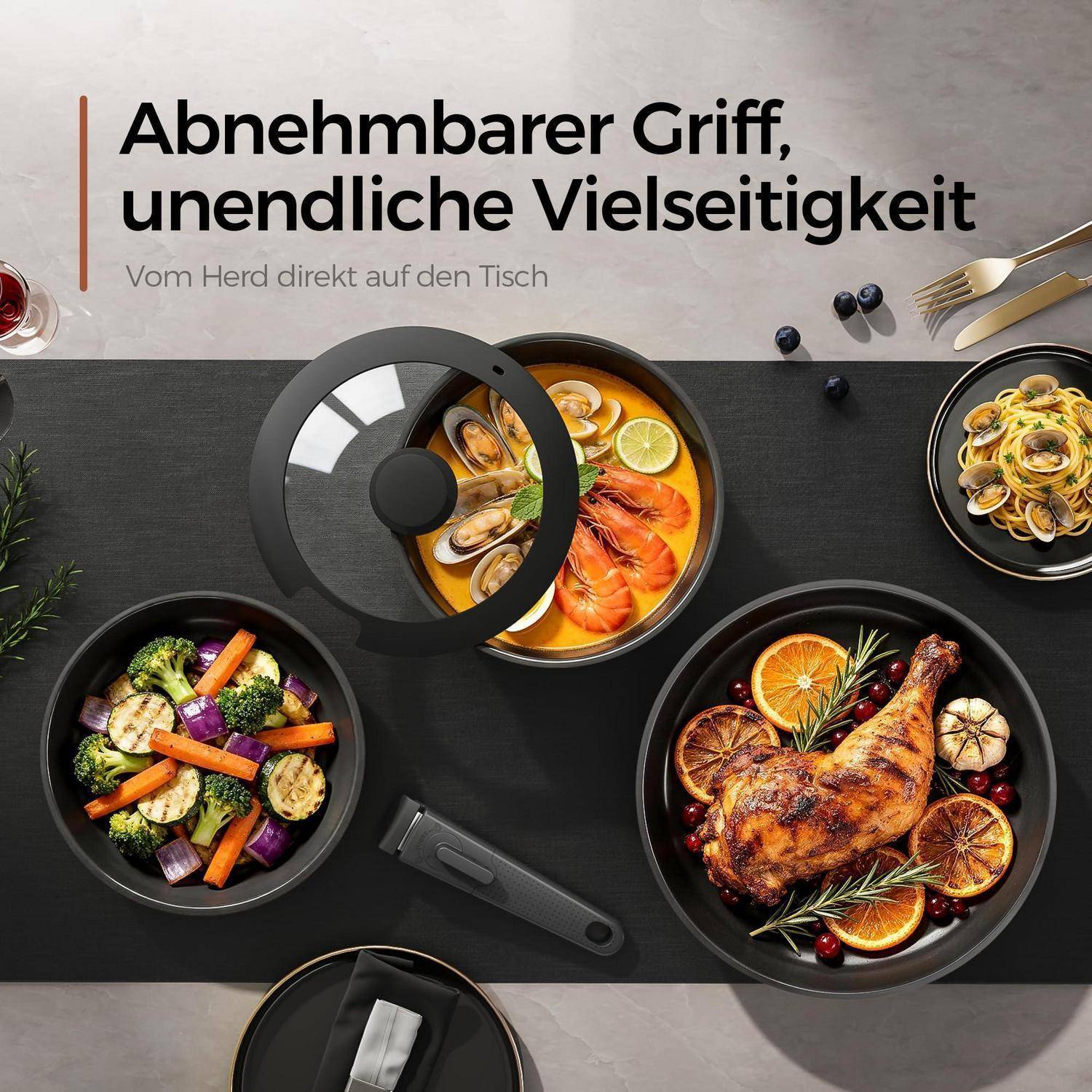 16-teiliges Kochgeschirr-Set Induktion Diamant-Titan-Keramik abnehmbarer Griff Schwarz