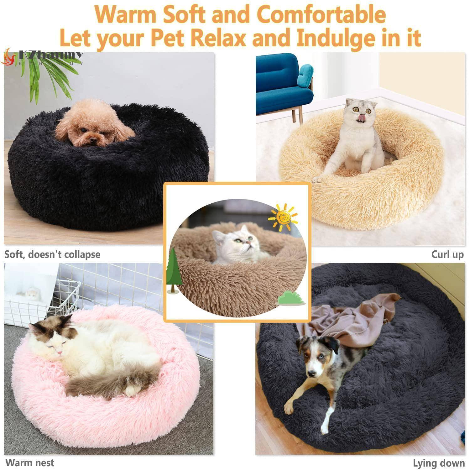 Collage mit Werbung für kuschelige Haustierbetten mit Katzen und Hunden, die zusammengerollt oder liegend abgebildet sind, mit dem Text „Warm, weich und komfortabel" und „Lassen Sie Ihr Haustier sich entspannen und verwöhnen"".