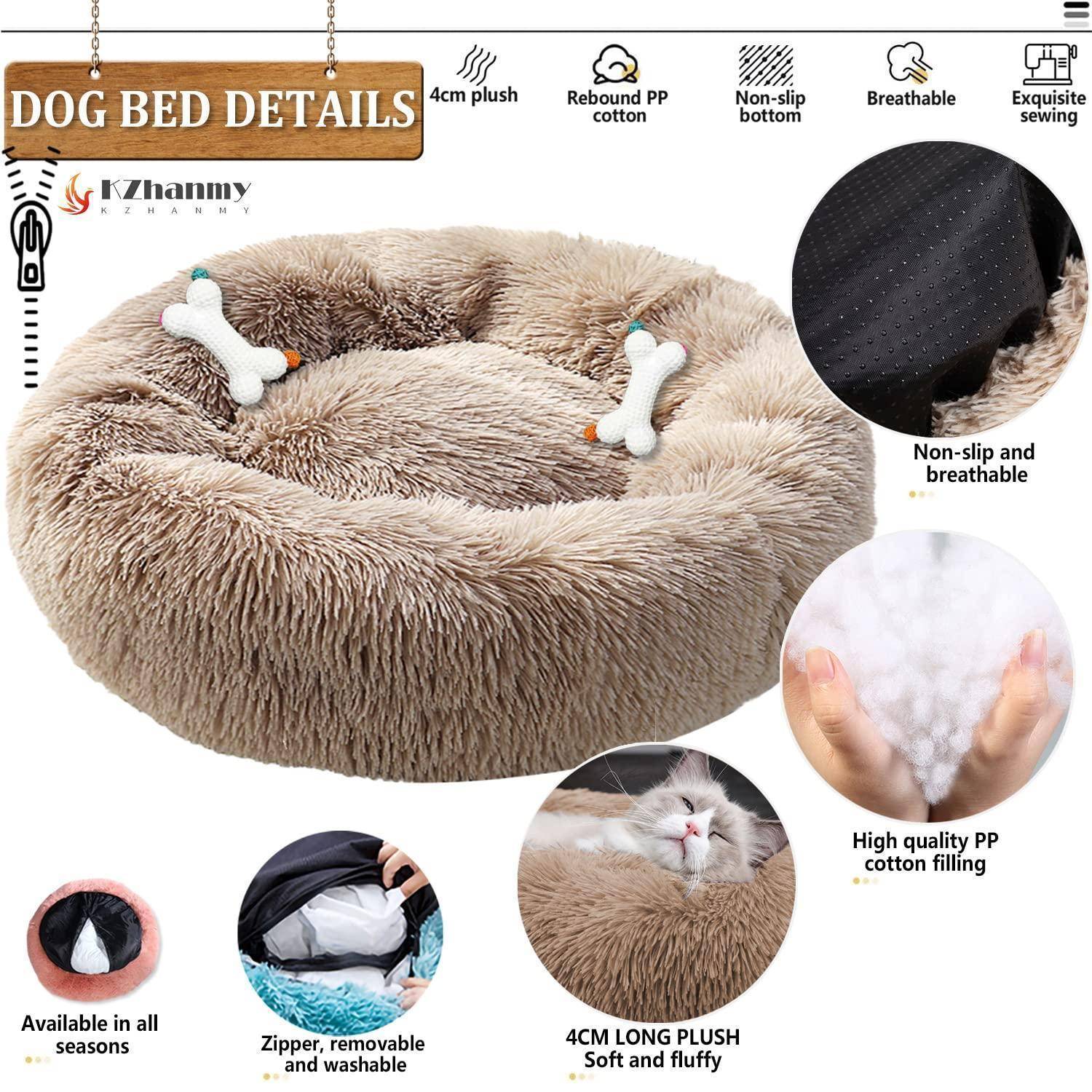 Rundes beiges Plüsch-Hundebett mit erhöhten Seiten und Knochenspielzeug, gezeigt mit Funktionshinweisen für 4cm Plüsch, PP-Baumwoll-Füllung, rutschfester Boden, atmungsaktiv und waschbarer Reißverschluss-Bezug.