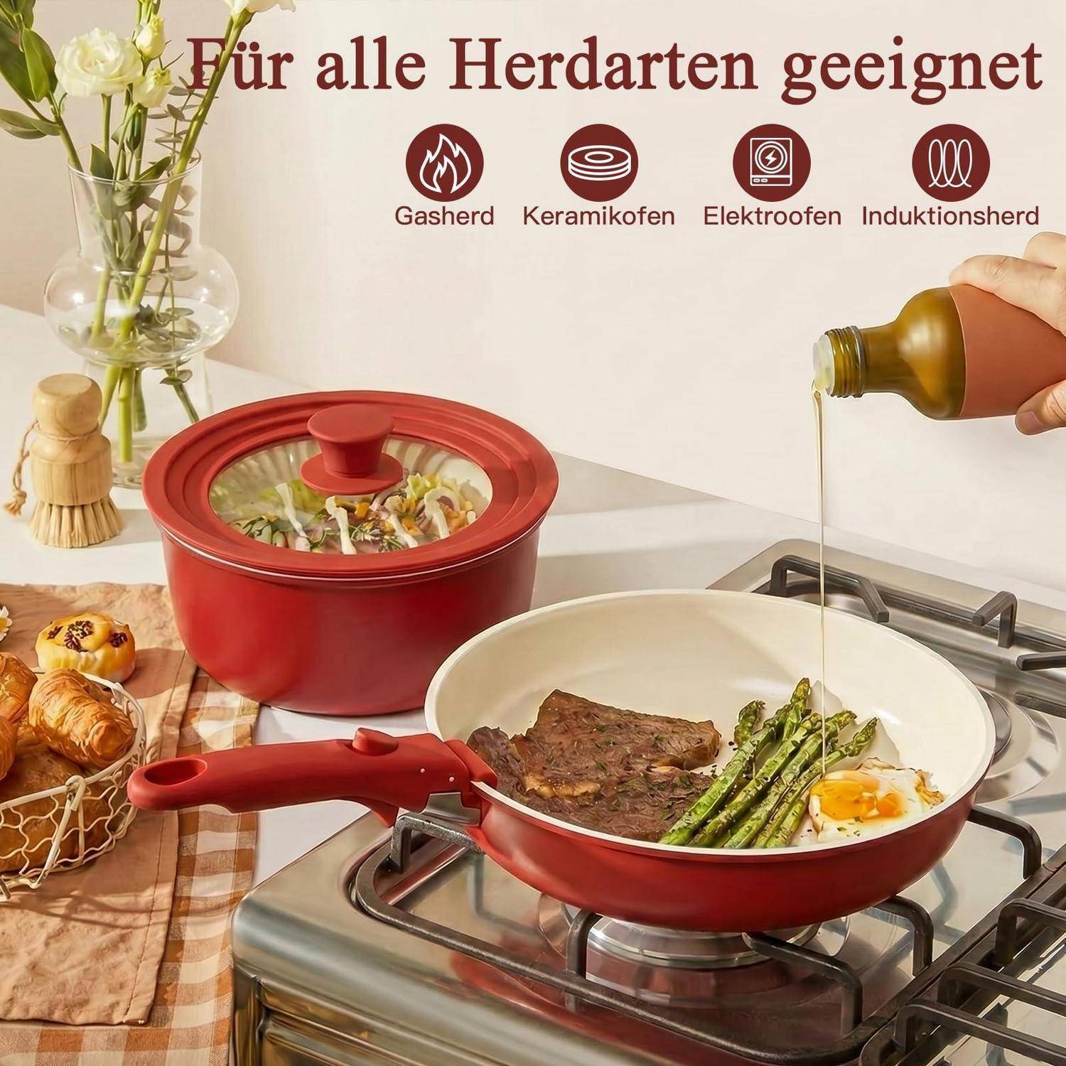 Werbebild einer Küche mit einem roten Kochtopf und einer Bratpfanne auf einem Herd, mit deutschem Text „Für alle Herdarten geeignet" und Symbolen für Gas-, Keramik-, Elektro- und Induktionsherde.