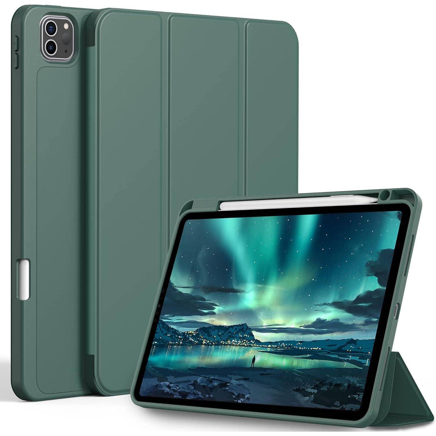 Grüne Schutztablethülle mit Ständer zum Zusammenklappen, Vorder- und Rückseite gezeigt, für ein Tablet mit Kameraausschnitt und Bildschirmanzeige.
