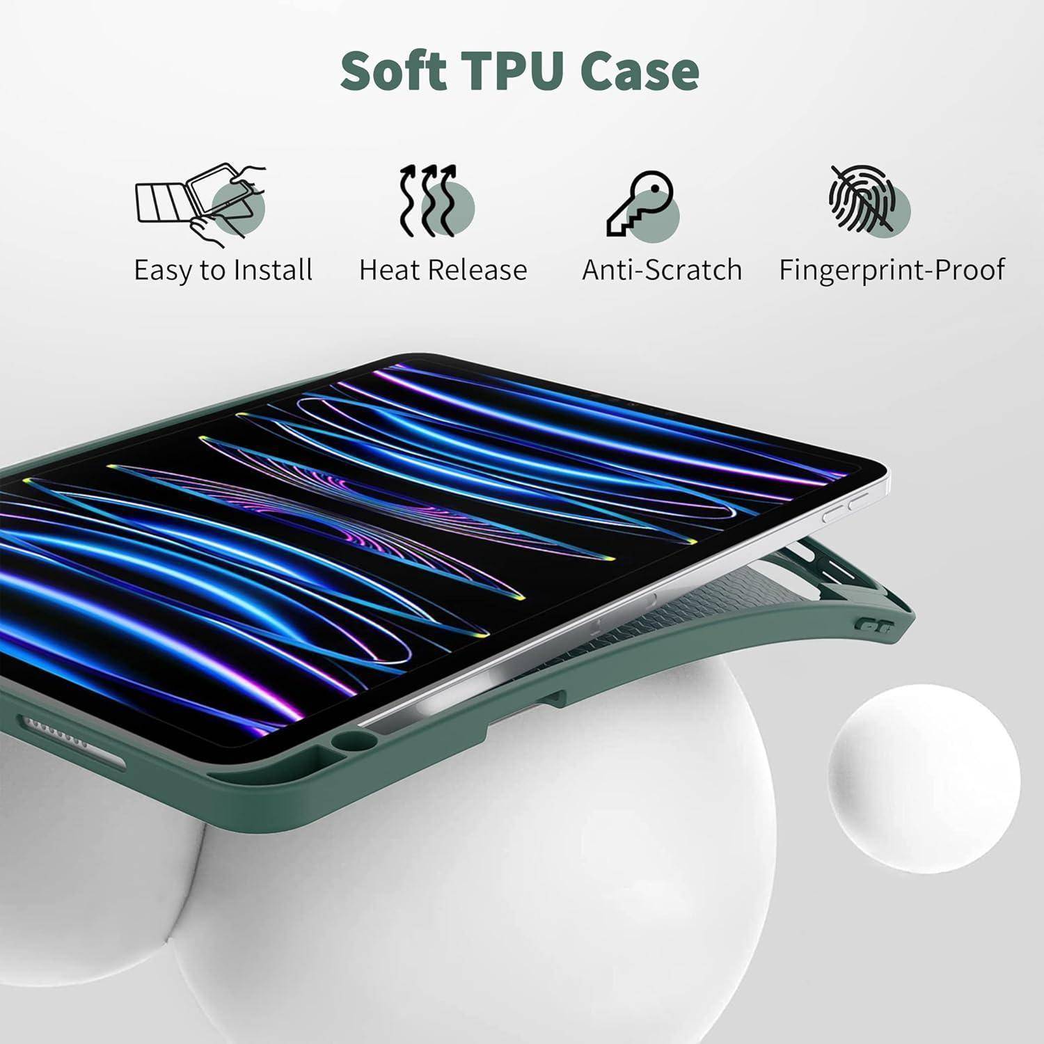 Werbegrafik für ein „Soft-TPU-Gehäuse" mit einem Telefon in einem grünen Gehäuse und Symbolen für einfache Installation, Wärmewiderstand, Kratzerbeständigkeit und Fingerabdruckschutz.