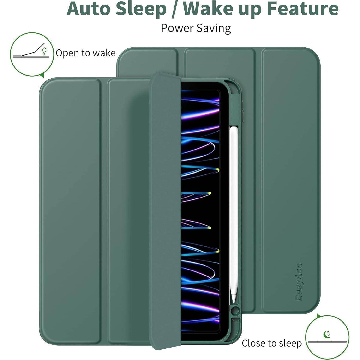 Werbebild einer Tablet-Schutzhülle mit der Funktion „Automatisches Einschlafen / Aufwachen" und „Energiesparmodus""; öffnen zum Aktivieren, schließen zum Deaktivieren.