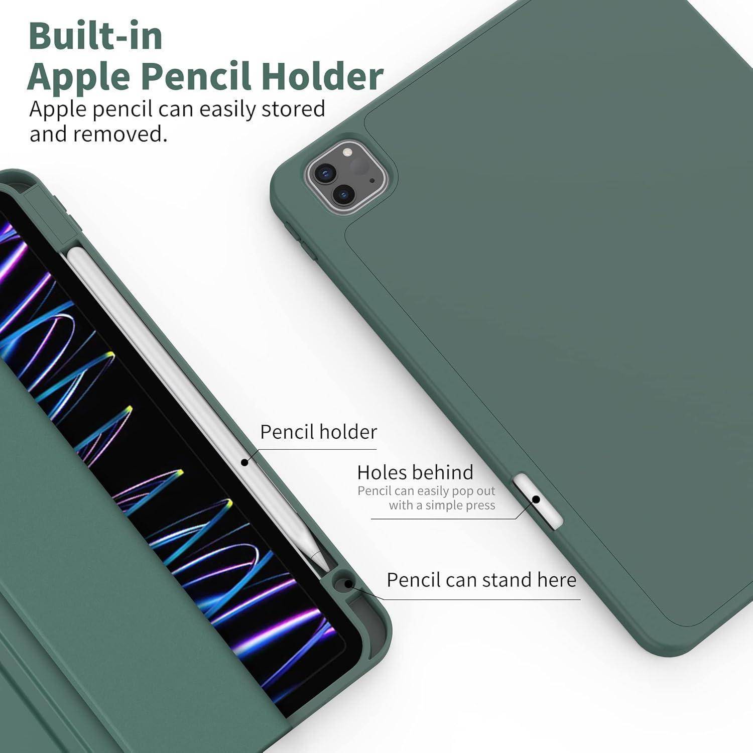 Marketing-Bild einer grünen Tablet-Hülle mit integriertem Apple Pencil-Halter, das den Stiftschlitz, die hintere Öffnung und die Ständerposition zeigt; der Text besagt, dass der Stift leicht zu lagern und zu entnehmen ist.