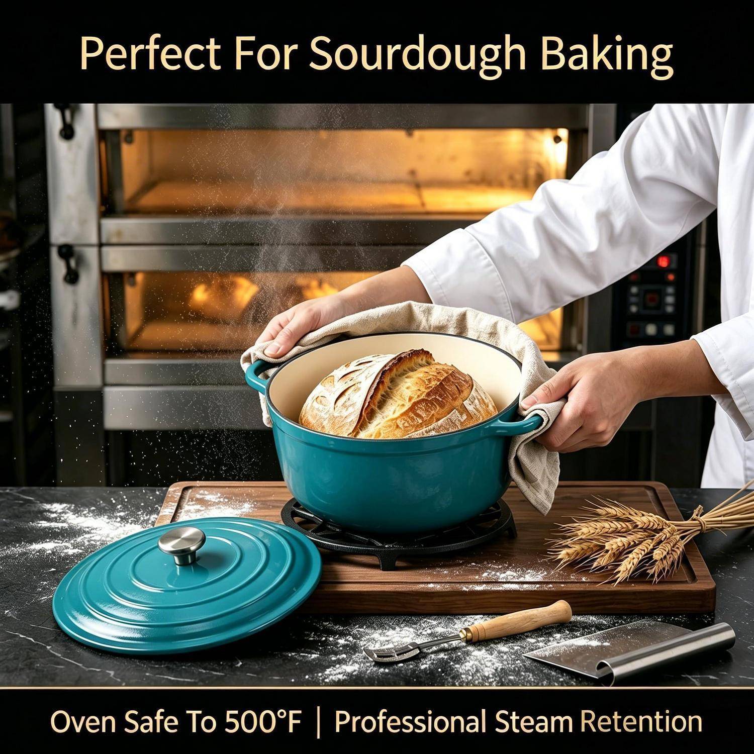 Ein Laib Sauerteig backt in einem türkisfarbenen Dutch Oven in einer Küche, mit Text, der „Perfekt zum Sauerteigbacken" und „Ofenfest bis 500°F | Professionelle Dampfspeicherung"" bewirbt.