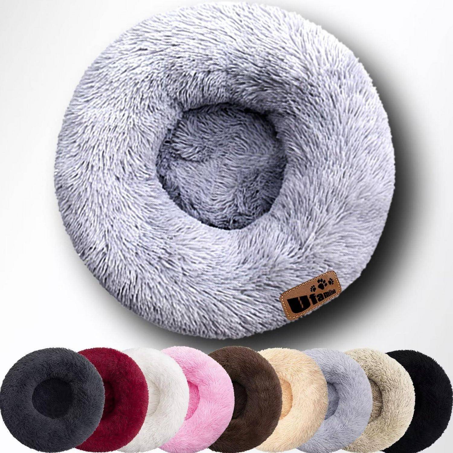 Rundes Plüsch-Haustierbett in mehreren Farben mit fluffiger Donut-Form und erhöhten Seiten zum Zusammenrollen.