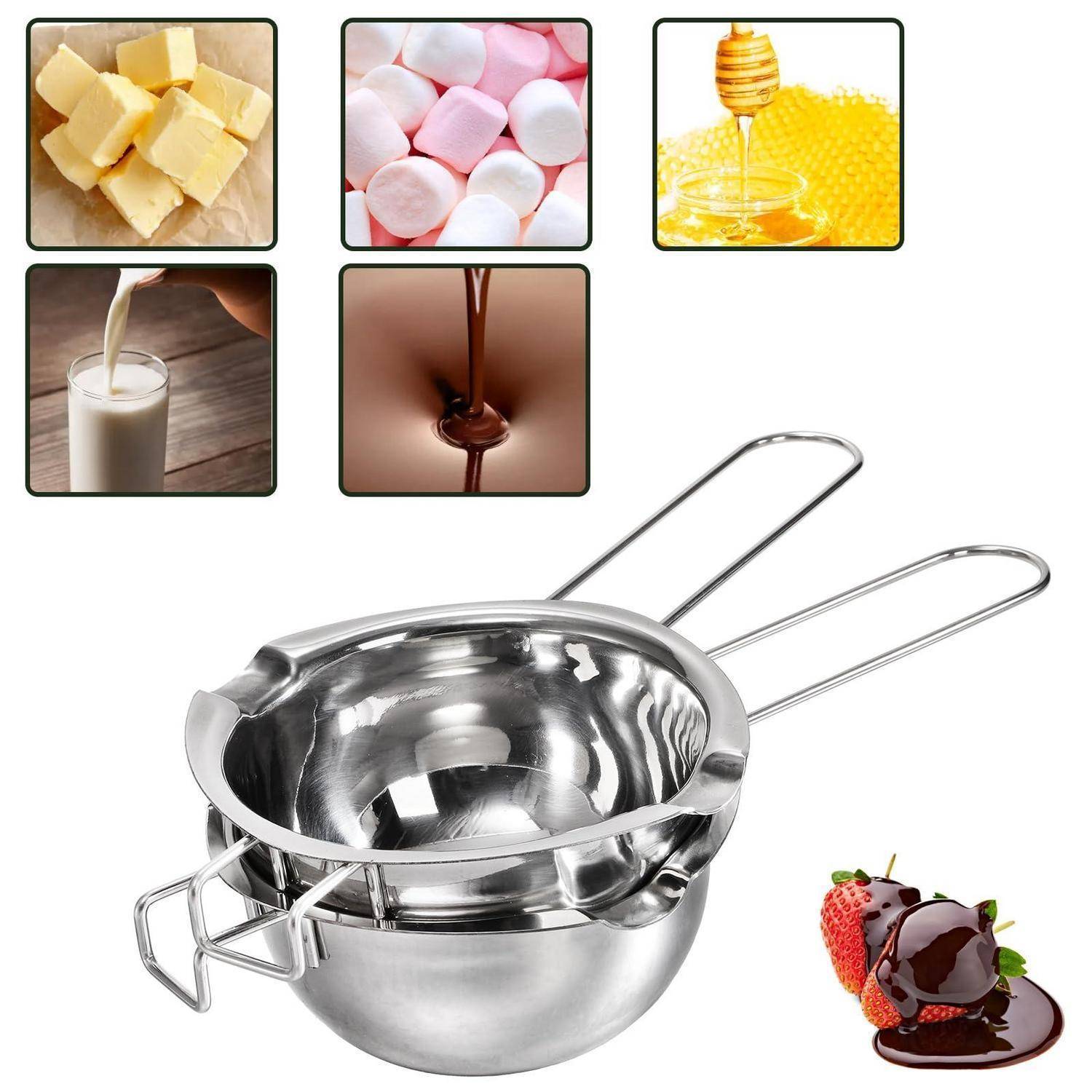 Edelstahl-Doppelkocher mit Sieb, abgebildet mit Schmelzutensilien wie Butter, Marshmallows, Honig, Milch und Schokolade zum Kochen oder Schmelzen.