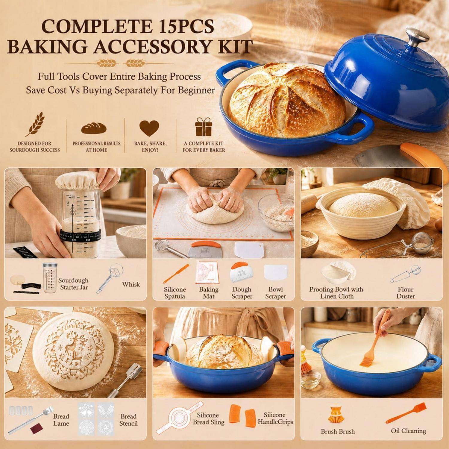 Angebot für ein 15-teiliges Backzubehör-Set mit blauem Bräter, Brotteig und Werkzeugen wie Starter-Glas, Schneebesen, Spatel, Gärschüssel, Brotschlinge und Pinsel.