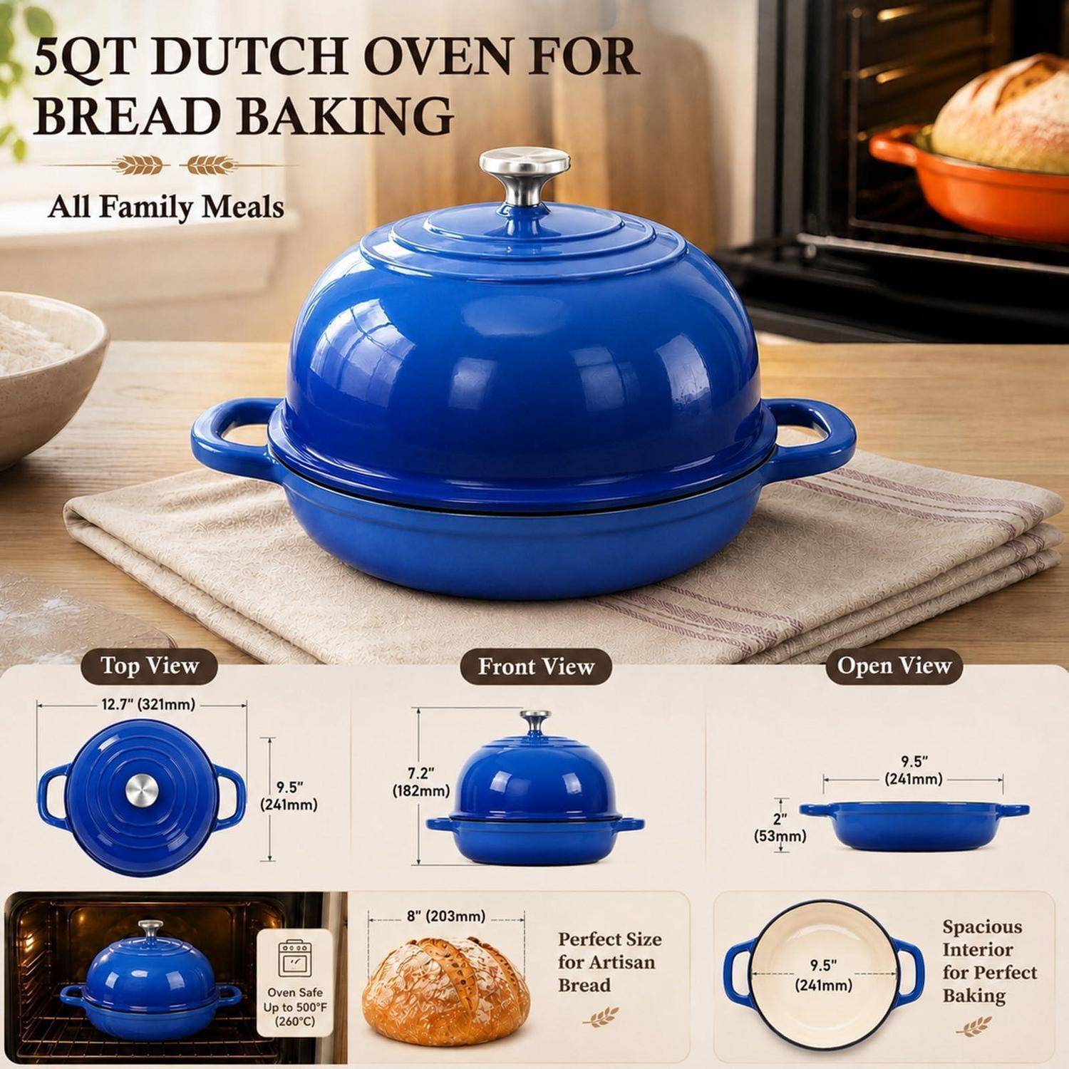Blauer 5-Quart-Bräter zum Backen, dargestellt in Draufsicht, Vorderansicht und offener Ansicht mit Größenmessungen und Text „All Family Meals".