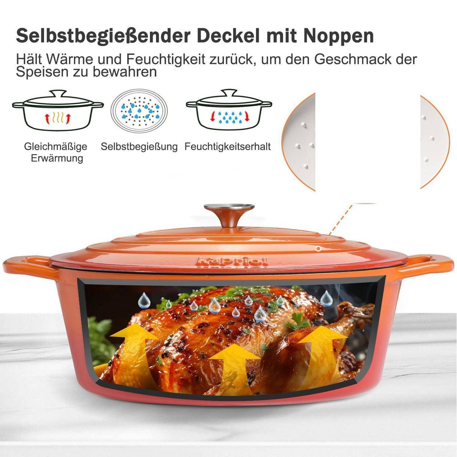 Gusseisen Bräter Oval 7.6L mit Deckel, Emaille, Backofengeeignet, Induktion, Orange