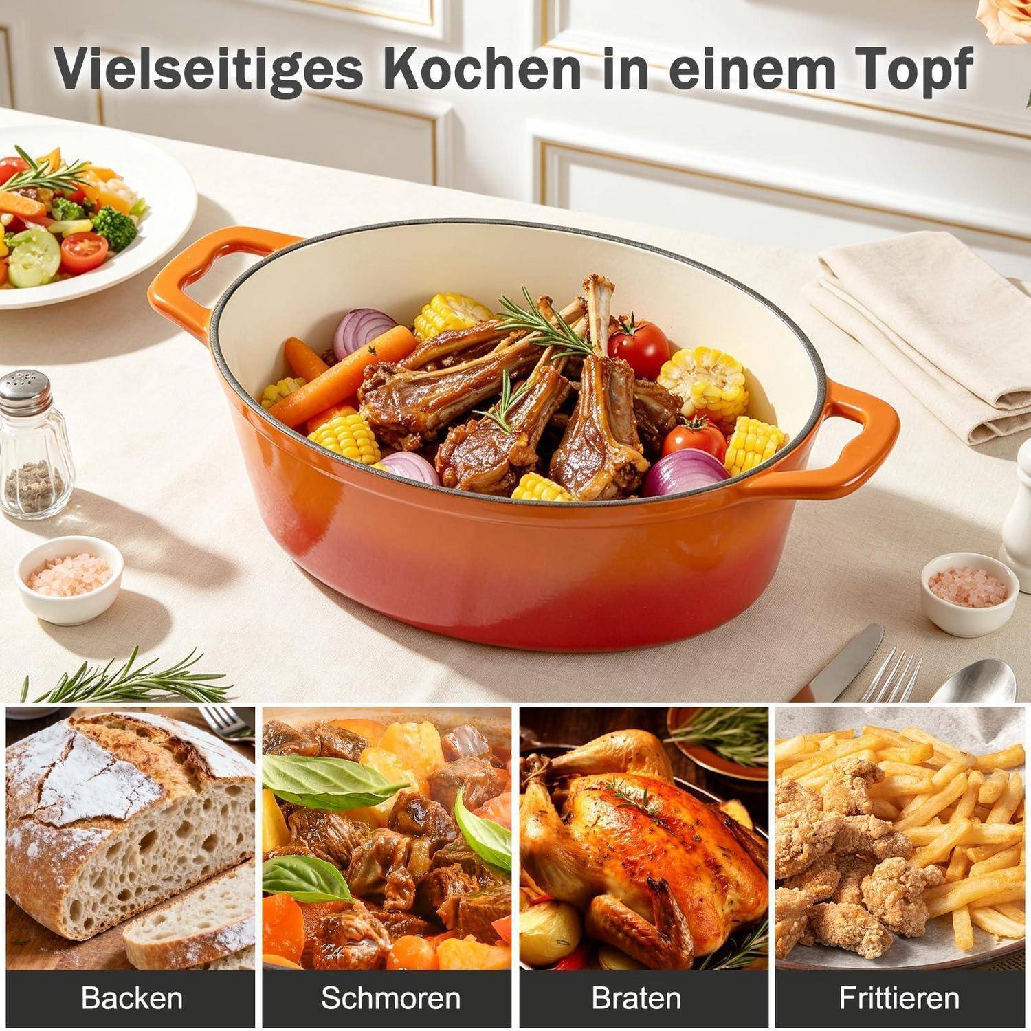 Werbefoto eines Gusseisers Bräters mit einem gemischten Fleisch- und Gemüsegericht, mit dem Titel „Vielseitiges Kochen in einem Topf", plus vier Anwendungen: Backen, Schmoren, Braten und Frittieren.
