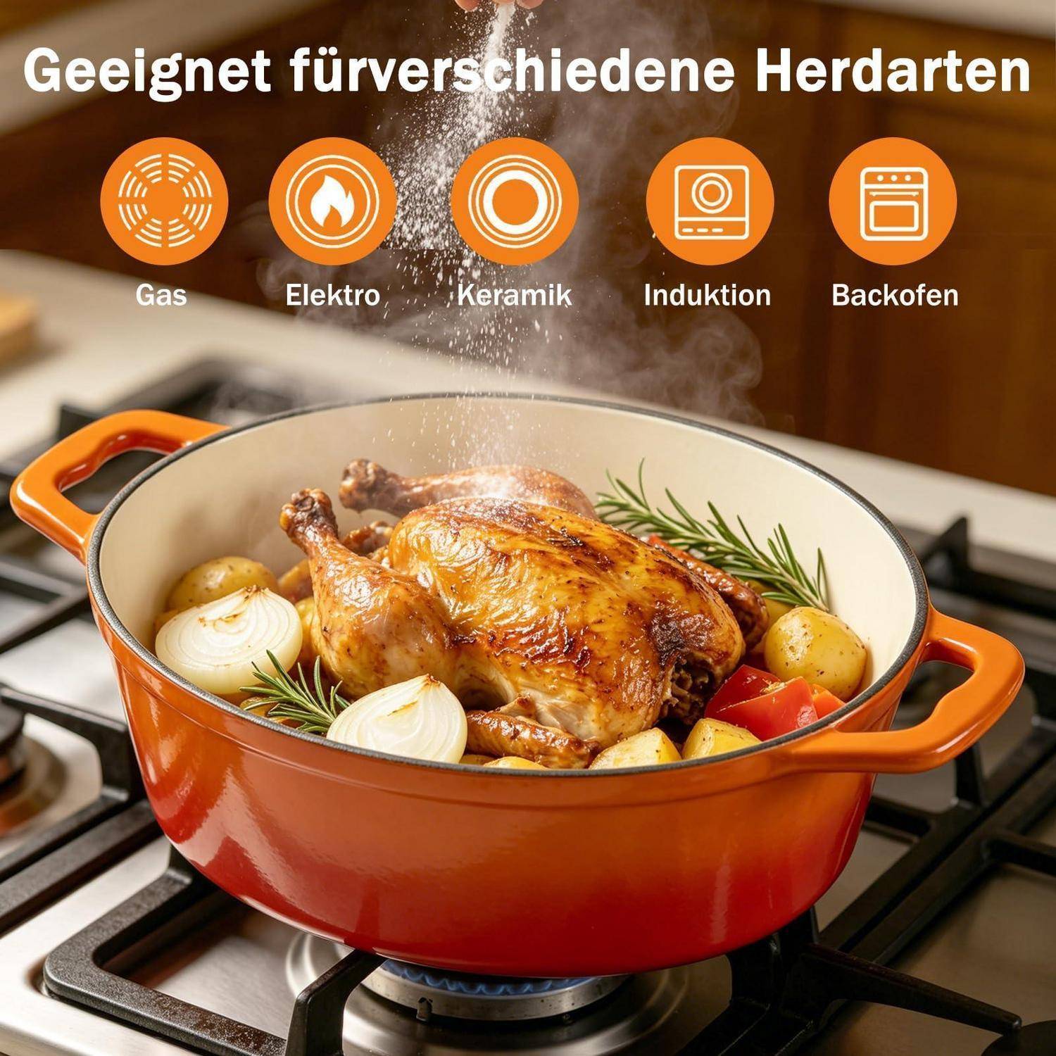 Hähnchen und Gemüse werden in einem orangefarbenen Bräter geröstet; der Text besagt „Geeignet für verschiedene Herdarten" und zeigt die Kompatibilität mit Gas, Elektro, Keramik, Induktion und Ofen.