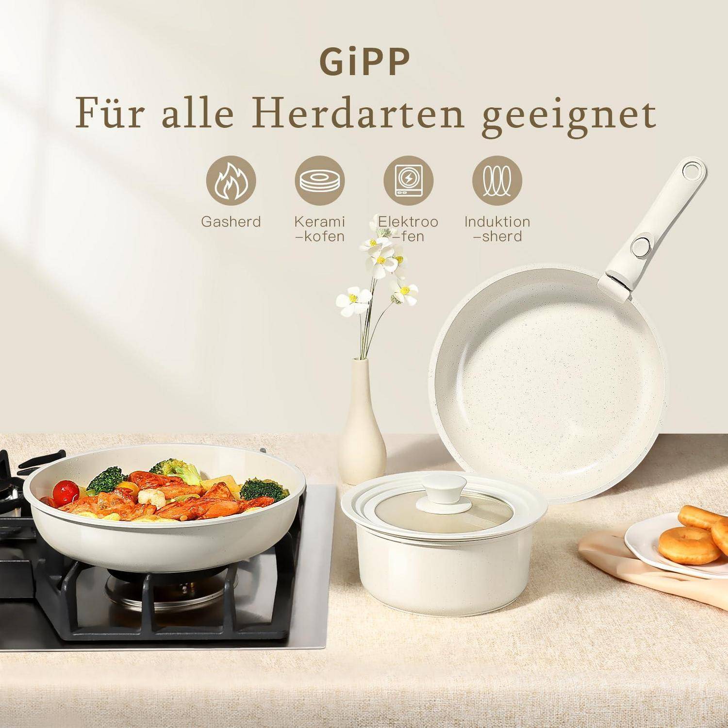 GiPP Granit Topfset 15-teilig Antihaft Kochgeschirr mit abnehmbarem Griff Weiß