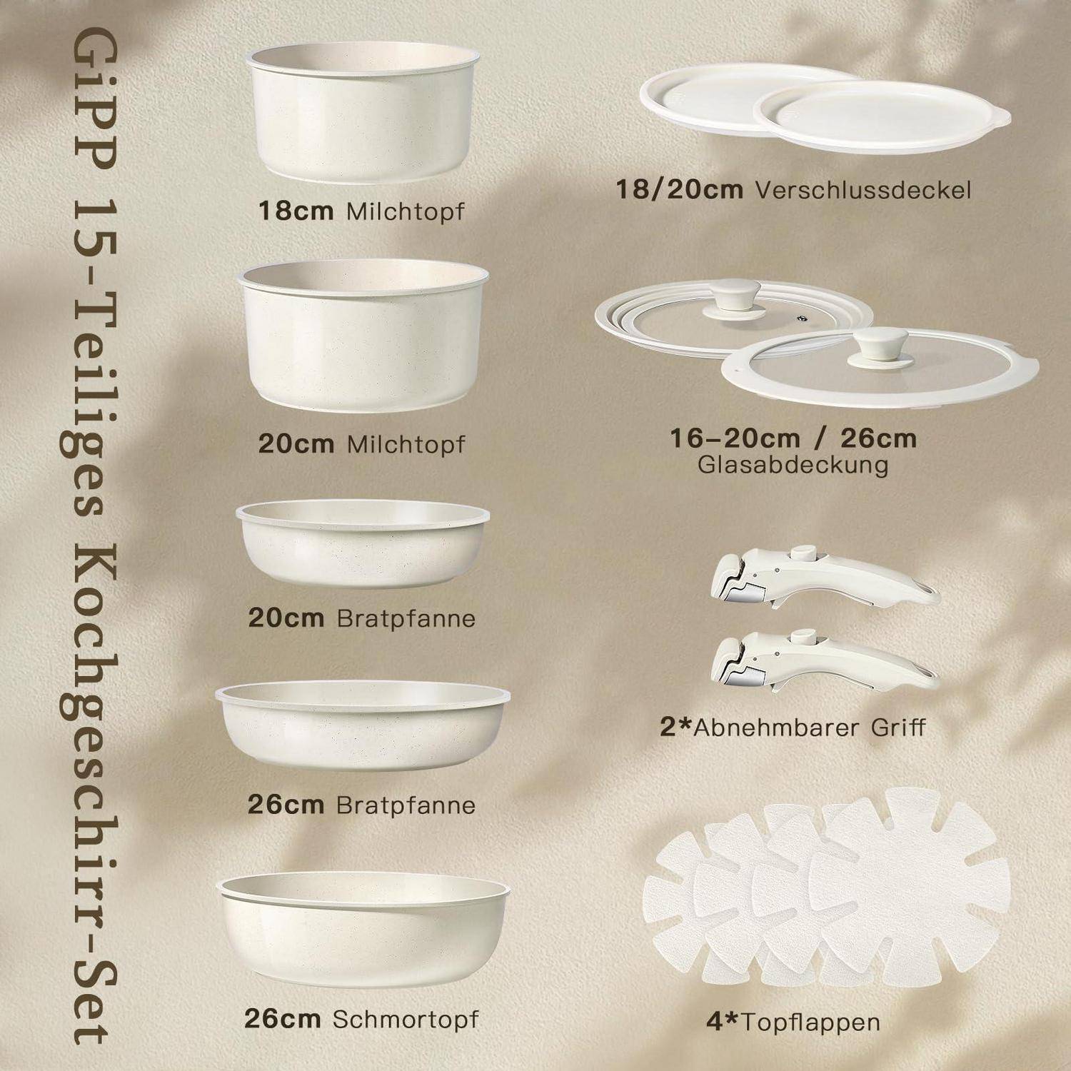Abbildung eines 15-teiligen Kochsets: Milchtöpfe, Bratpfannen, Sauté-Topf, Deckel, abnehmbare Griffe und Topfschützer, beschriftet mit Größenangaben auf Deutsch.