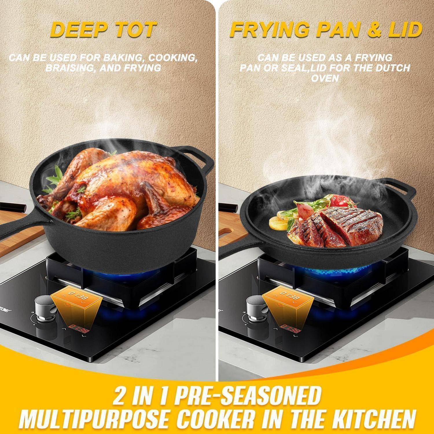 Split-Anzeige mit einem 2-in-1-Multifunktionskochgerät mit Vorgewürz: tiefe Schüssel zum Backen, Kochen, Schmoren, Frittieren; Bratpfanne mit Deckel zum Zubereiten von Steaks in der Küche.