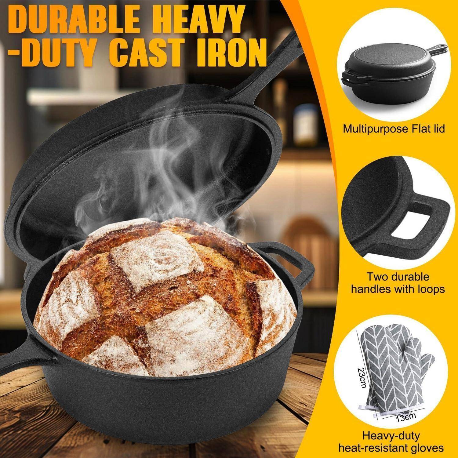 Gusseiserner Dutch Oven mit aufsteigendem Dampf von Brot, mit der Bezeichnung „Langlebiges, robustes Gusseisen"; eingefügte Beschriftungen zeigen den flachen Deckel, Schleifengriffe und hitzebeständige Handschuhe.