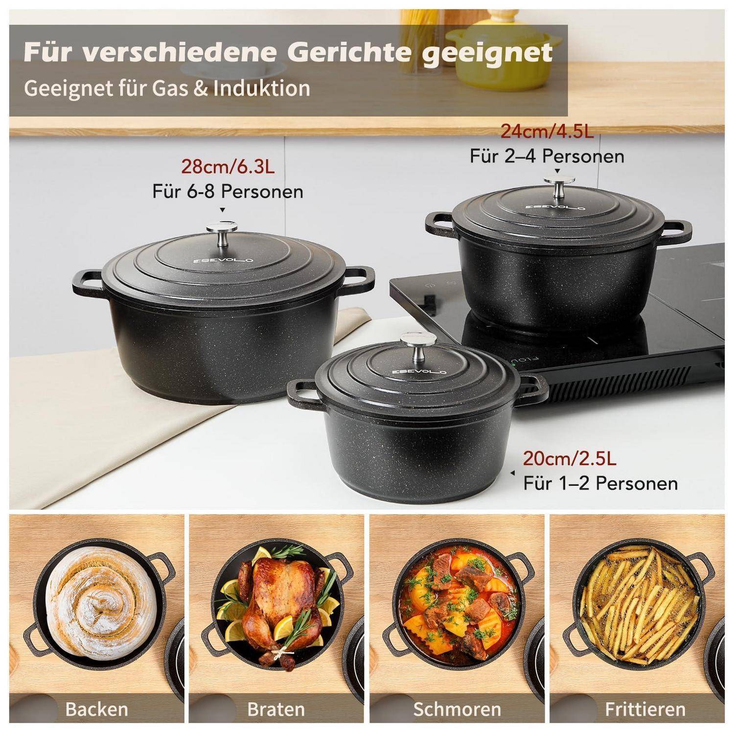 Kochgeschirr-Größen für verschiedene Gerichte und Brenner: 28 cm/6,3 L für 6–8 Personen, 24 cm/4,5 L für 2–4, 20 cm/2,5 L für 1–2; verwendet zum Backen, Braten, Schmoren und Frittieren.
