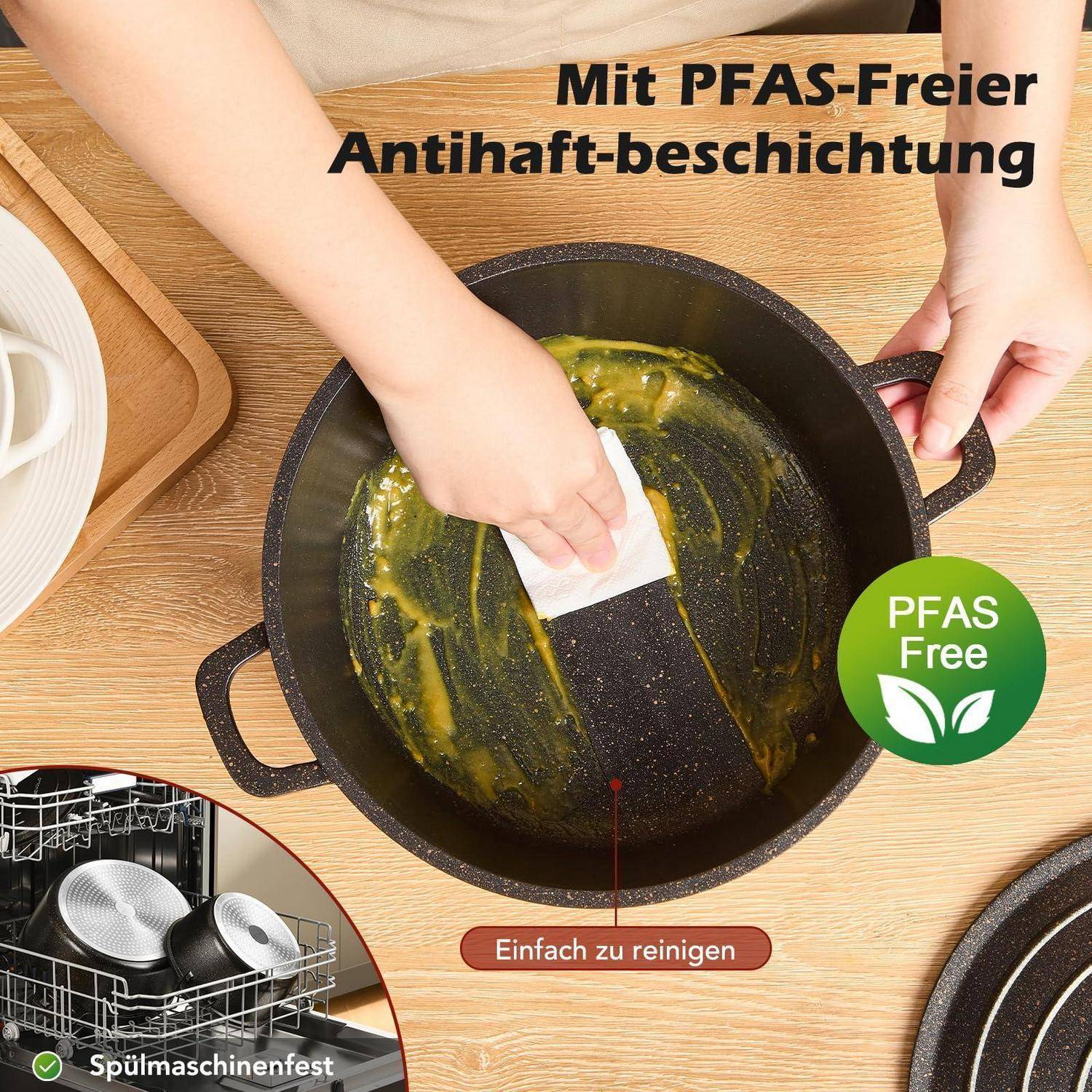 Eine Person wischt Speisereste aus einer PFAS-freien Antihaftpfanne; der deutsche Text besagt „Mit PFAS-freier Antihaftbeschichtung" und „Einfach zu reinigen"".
