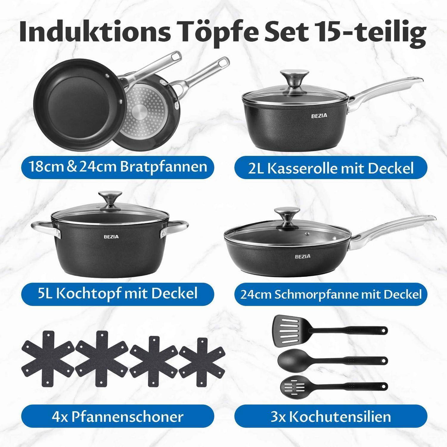 BEZIA Induktions Topfset 15-teilig Keramik Antihaft PFAS-frei für alle Herdarten