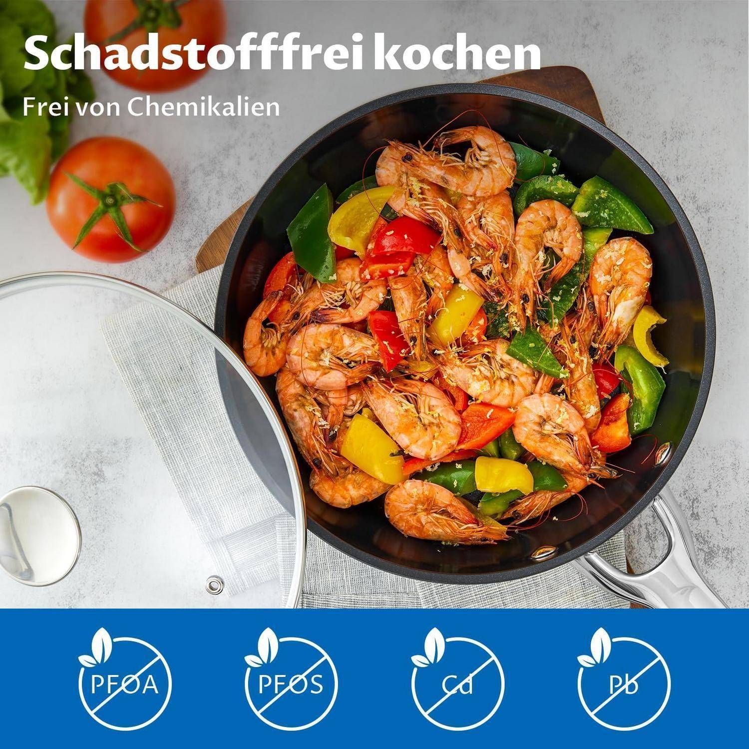 # Giftfreies Kochen fördern: Garnelen und Gemüse in einer Pfanne, mit dem Text „Schadstofffrei kochen" und „Frei von Chemikalien"" plus durchgestrichene Symbole für PFOA, PFOS, Cd und Pb.