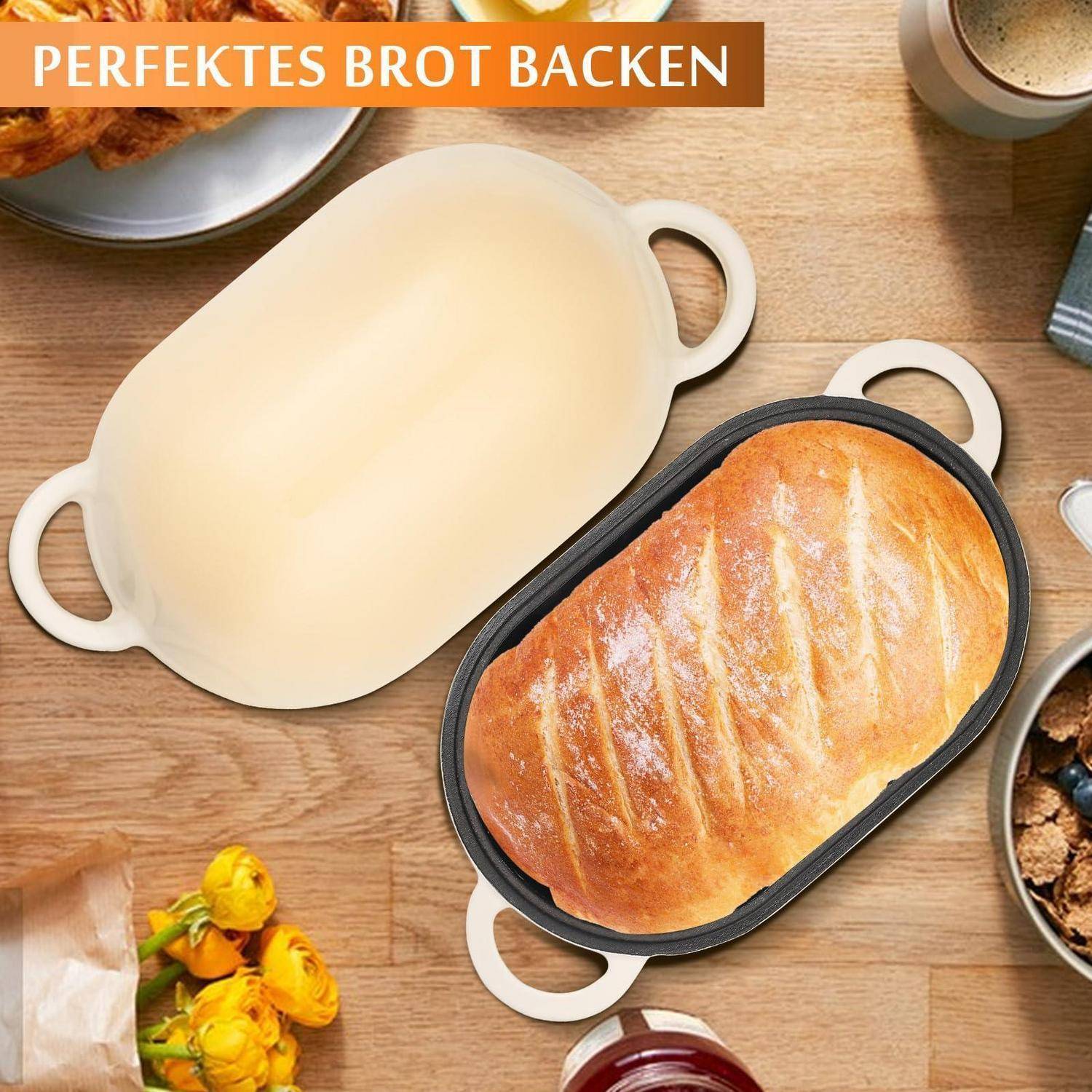 Gebackener Laib in einer ovalen Backform neben einem leeren Behältnis, mit dem Text „PERFEKTES BROT BACKEN" oben.