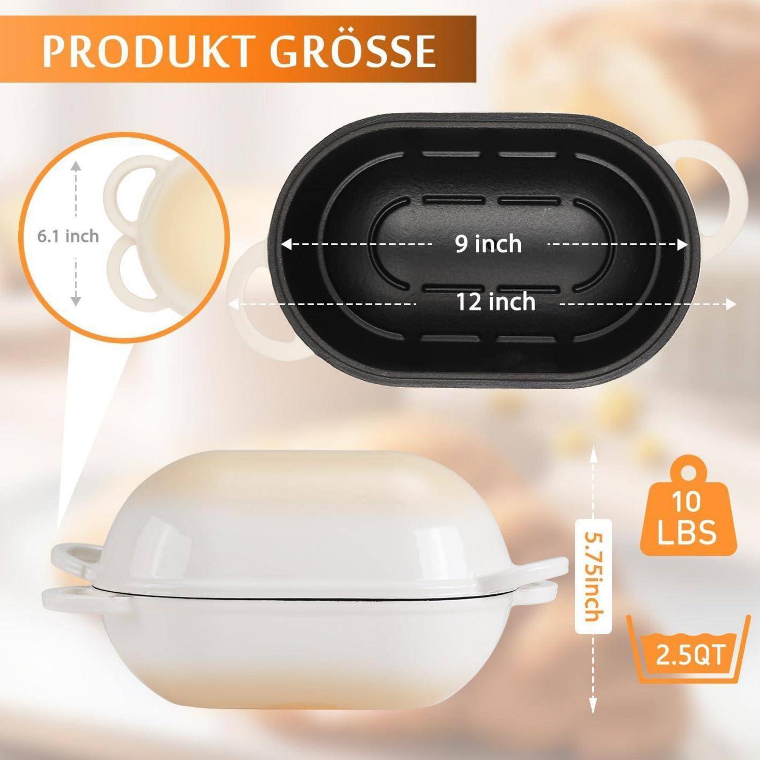 Produktgrößen-Grafik mit einem ovalen Kochtopf und Deckel: 12 Zoll x 9 Zoll, 5,7 Zoll hoch, Fassungsvermögen 10 Pfund, 2,5 Quart.