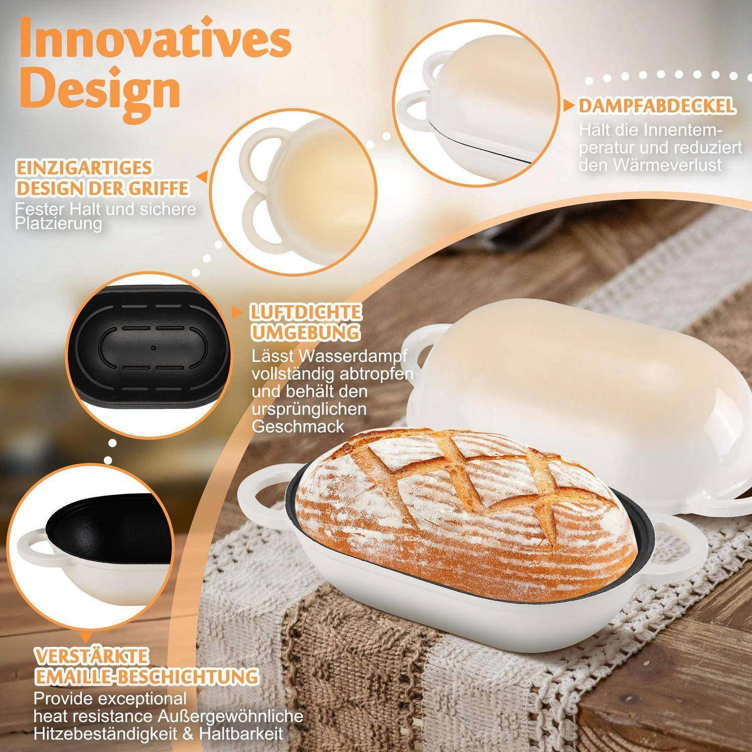Infografik eines weißen Dutch Ovens mit innovativen Designmerkmalen: einzigartige Griffe, luftdichte Versiegelung, verstärkte Emaillebeschichtung und einen wärmespeichernden Deckel, mit einem Brotlaib im Inneren.