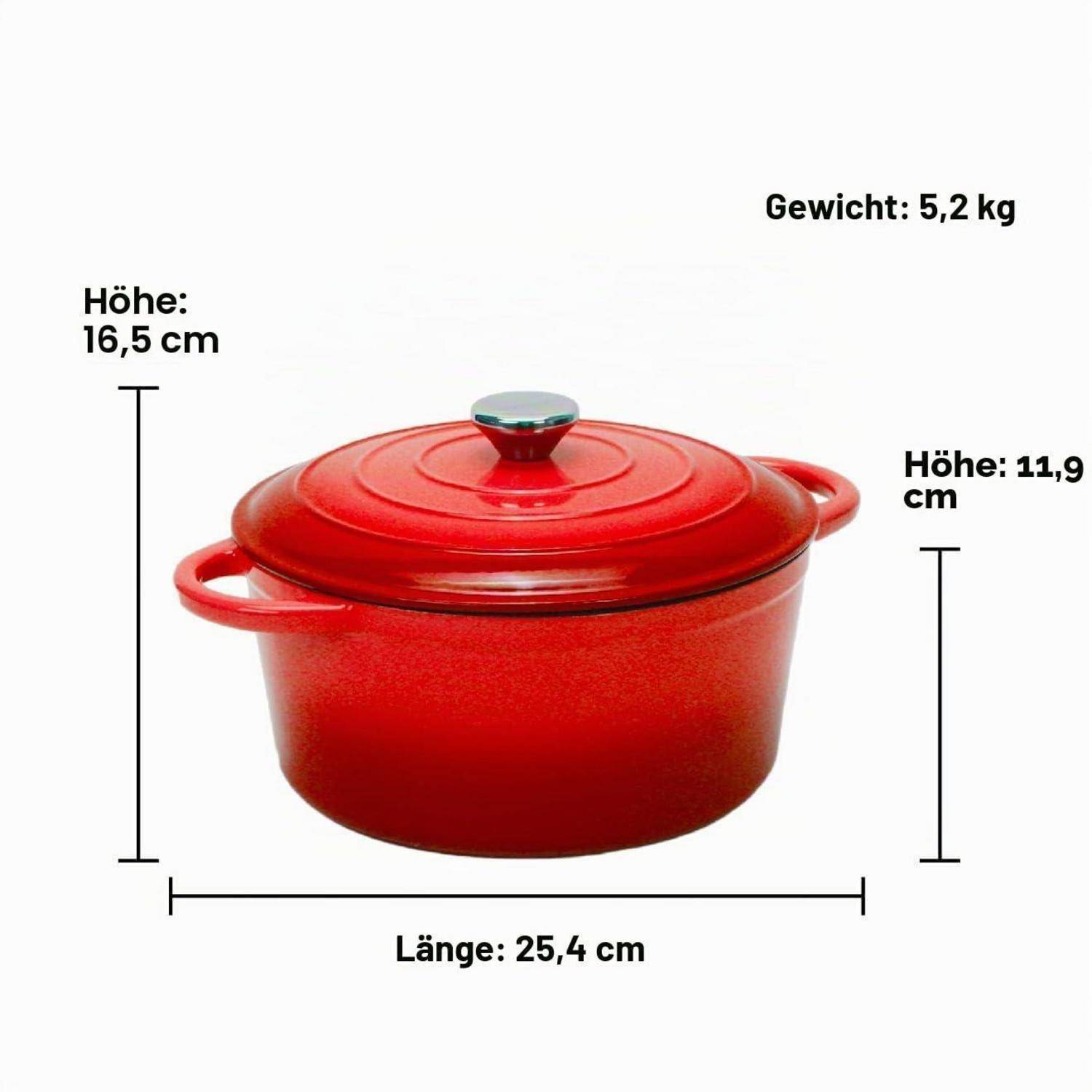 Gusseiserner Topf mit rotem Deckel mit angegebenen Maßen: 16,5 cm Höhe, 25,4 cm Länge, 11,9 cm Höhe und Gewicht 5,2 kg.