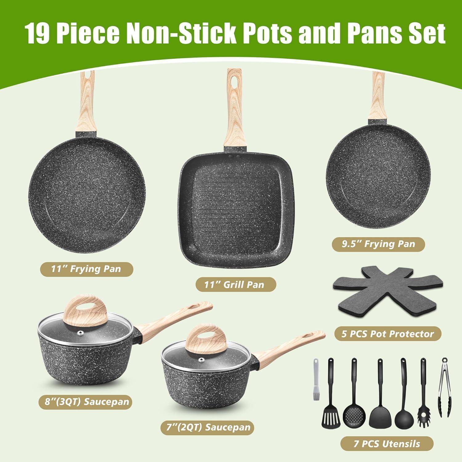 Produktset-Bild zeigt '19-teiliges Antihaft-Töpfe und Pfannen Set' mit zwei Bratpfannen, einer Grillpfanne, zwei Kochtöpfen, Topfschutzhülsen und 7 Küchenutensilien.