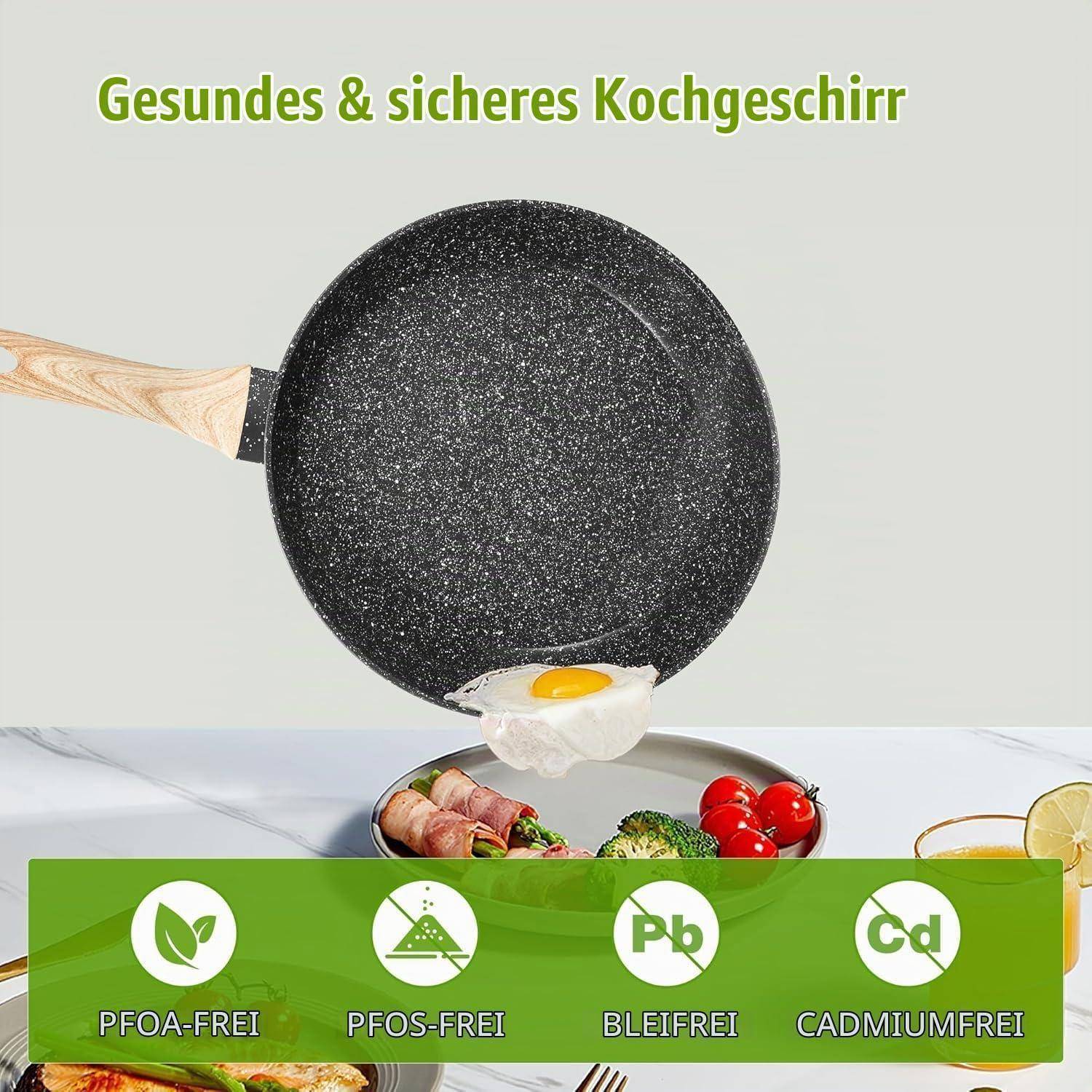Eine Antihaft-Bratpfanne über Lebensmitteln mit der deutschen Überschrift „Gesundes & sicheres Kochgeschirr" und Abzeichen, die „PFOA-frei"", „PFOS-frei"", „bleifrei"" und „cadmiumfrei"" beanspruchen.