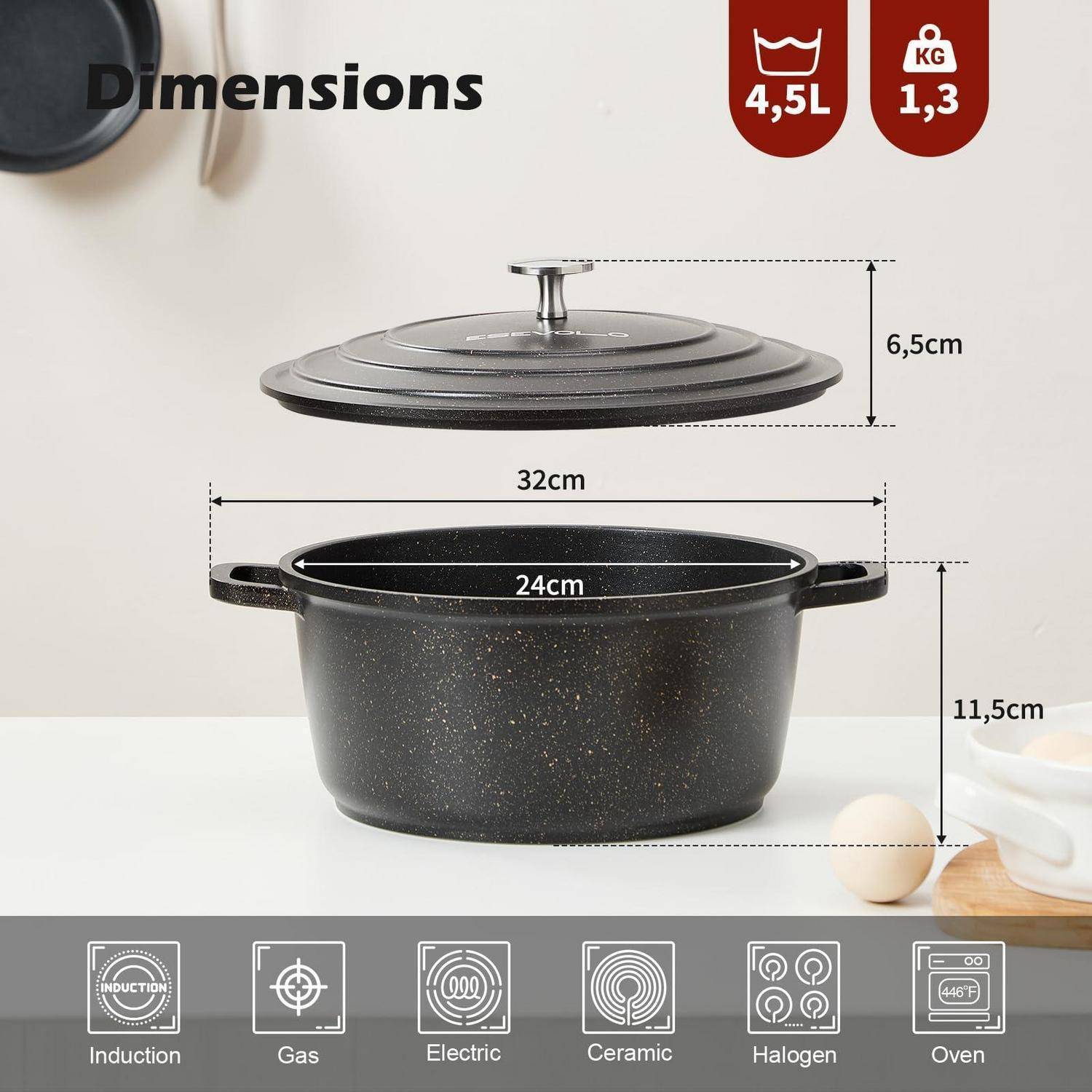Produktabmessungen Bild eines Topfes mit Deckel: 24 cm Durchmesser, 11,5 cm Höhe, 32 cm mit Griffen, 6,5 cm Deckelhohe; 4,5 L, 1,3 kg, kompatibel mit Induktion, Gas, Elektro, Keramik, Halogen und Ofen.
