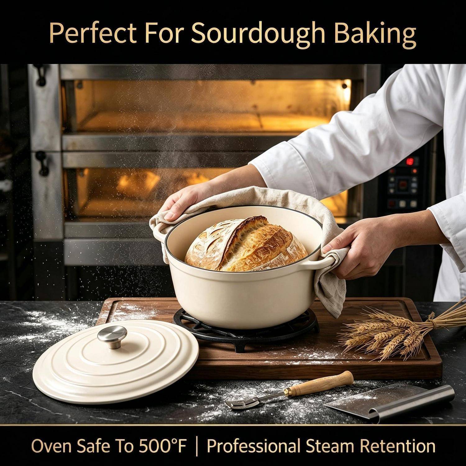 Ein Bäcker nimmt einen Laib aus einem cremefarbenen Dutch Oven vor einem beleuchteten Ofen, mit Text, das „Perfect For Sourdough Baking" (Perfekt zum Sauerteigbacken) und „Oven Safe To 500°F | Professional Steam Retention"" (Ofenfest bis 500°F | Professionelle Dampfretention) liest.