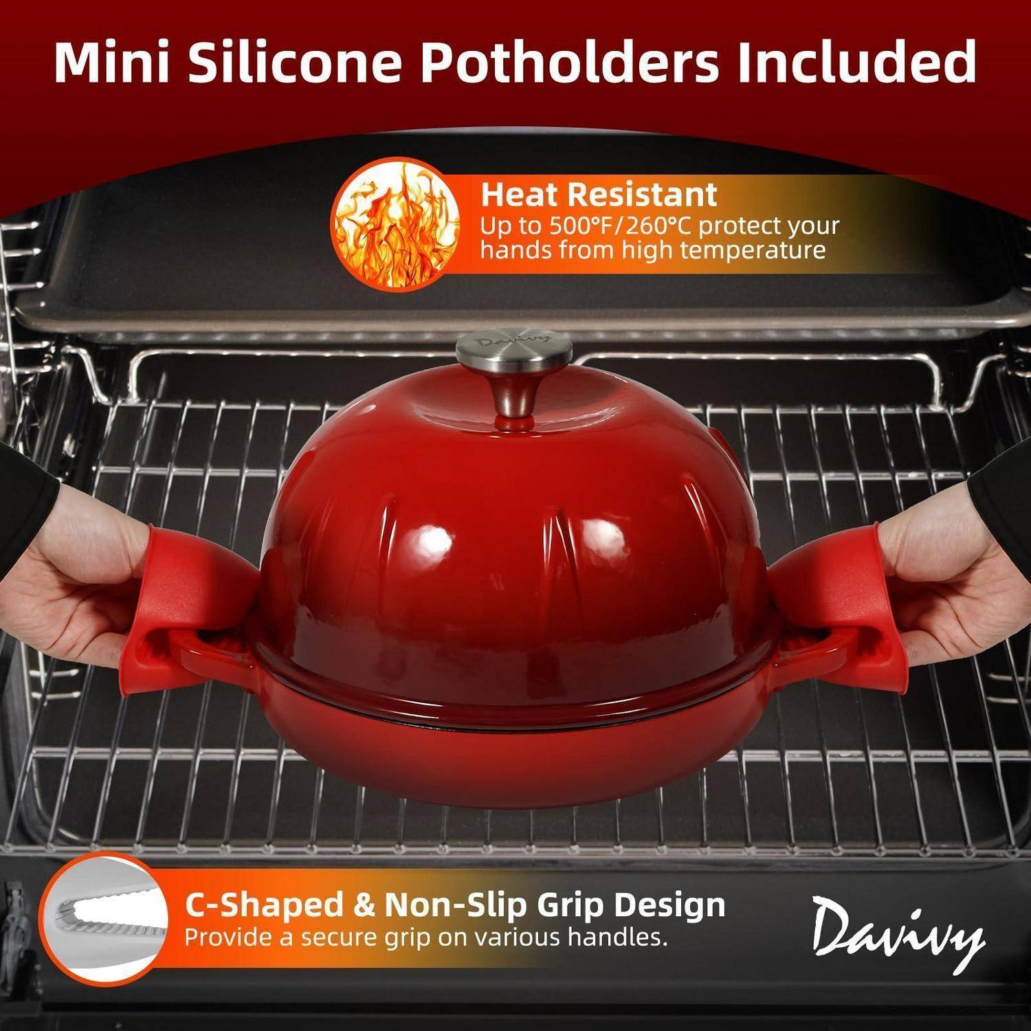 Rote, mit Silikon überzogene Topfgriff-Schutzhülsen, die in einem Ofen gehalten werden, werben für Hitzebeständigkeit bis 500°F und ein C-förmiges rutschfestes Griffdesign.