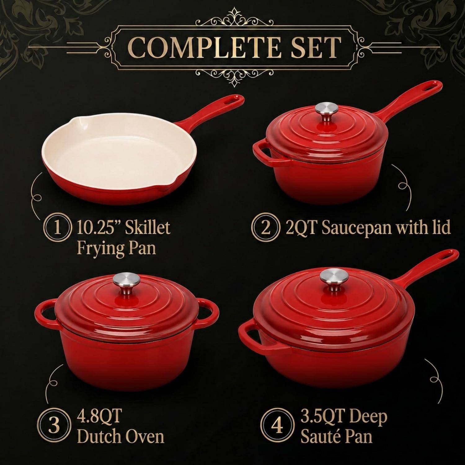 Bewerbungsbild eines 4-teiligen roten Kochgeschirr-Sets mit der Bezeichnung "Komplettes Set"": 26 cm Bratpfanne, 2-Liter-Kochtopf mit Deckel, 4,8-Liter Dutch Oven und 3,5-Liter tiefe Sauté-Pfanne.