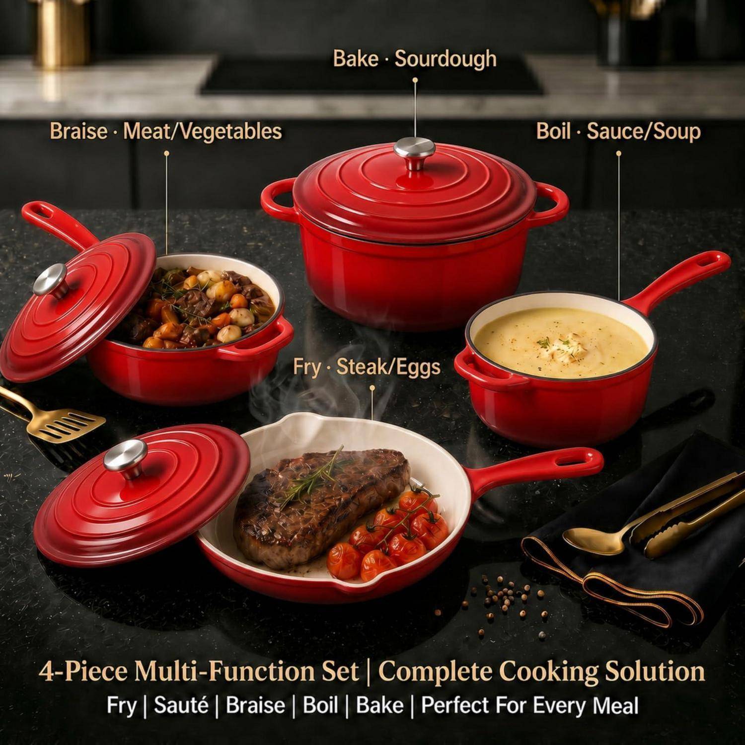 Werbebild eines 4-teiligen roten Kochgeschirr-Sets, das Anwendungen zum Schmoren von Fleisch/Gemüse, Kochen von Sauce/Suppe, Backen von Sauerteig und Braten von Steak/Eiern zeigt.