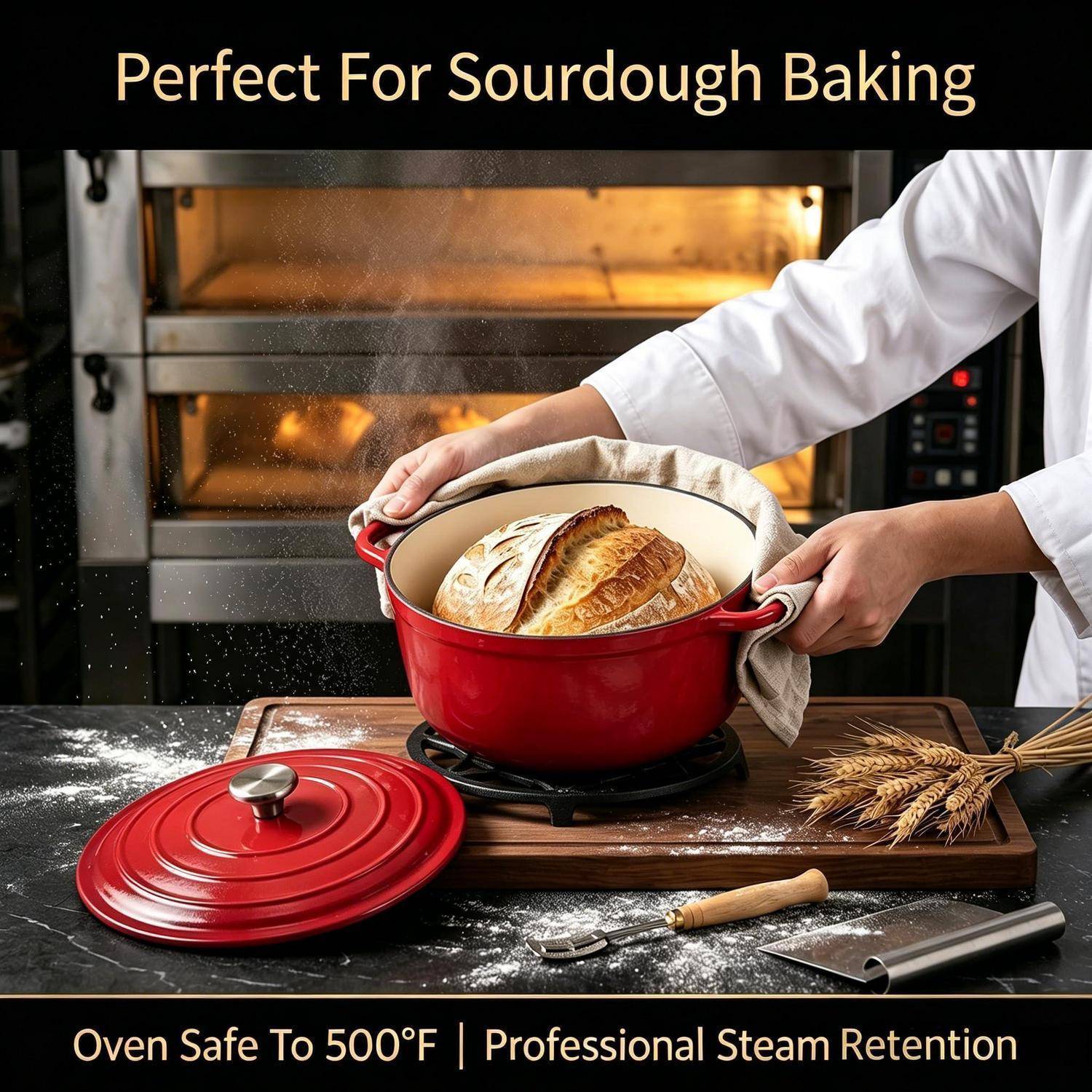 Person hebt einen gebackenen Laib aus einem roten Dutch Oven in einer Küche, mit Text „Perfect For Sourdough Baking" und „Oven Safe To 500°F | Professional Steam Retention"".